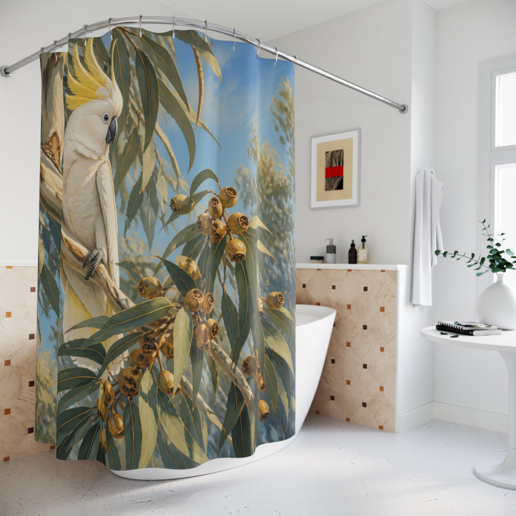 White sulphur crested cockatoo among sunlit eucalyptus leaves shower curtain styled beside a freestanding tub