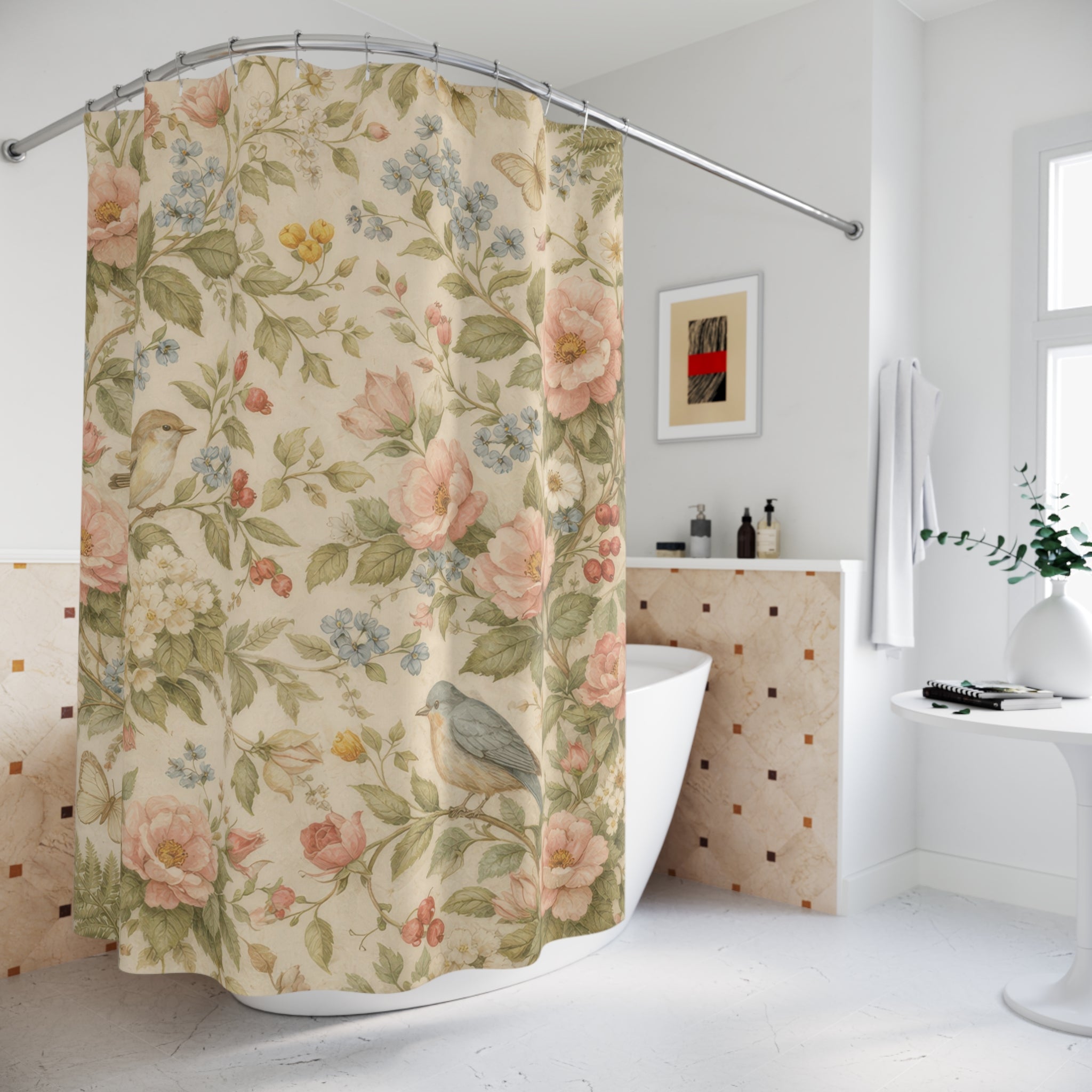 Cottagecore Rose and Bird Shower Curtain – Blush