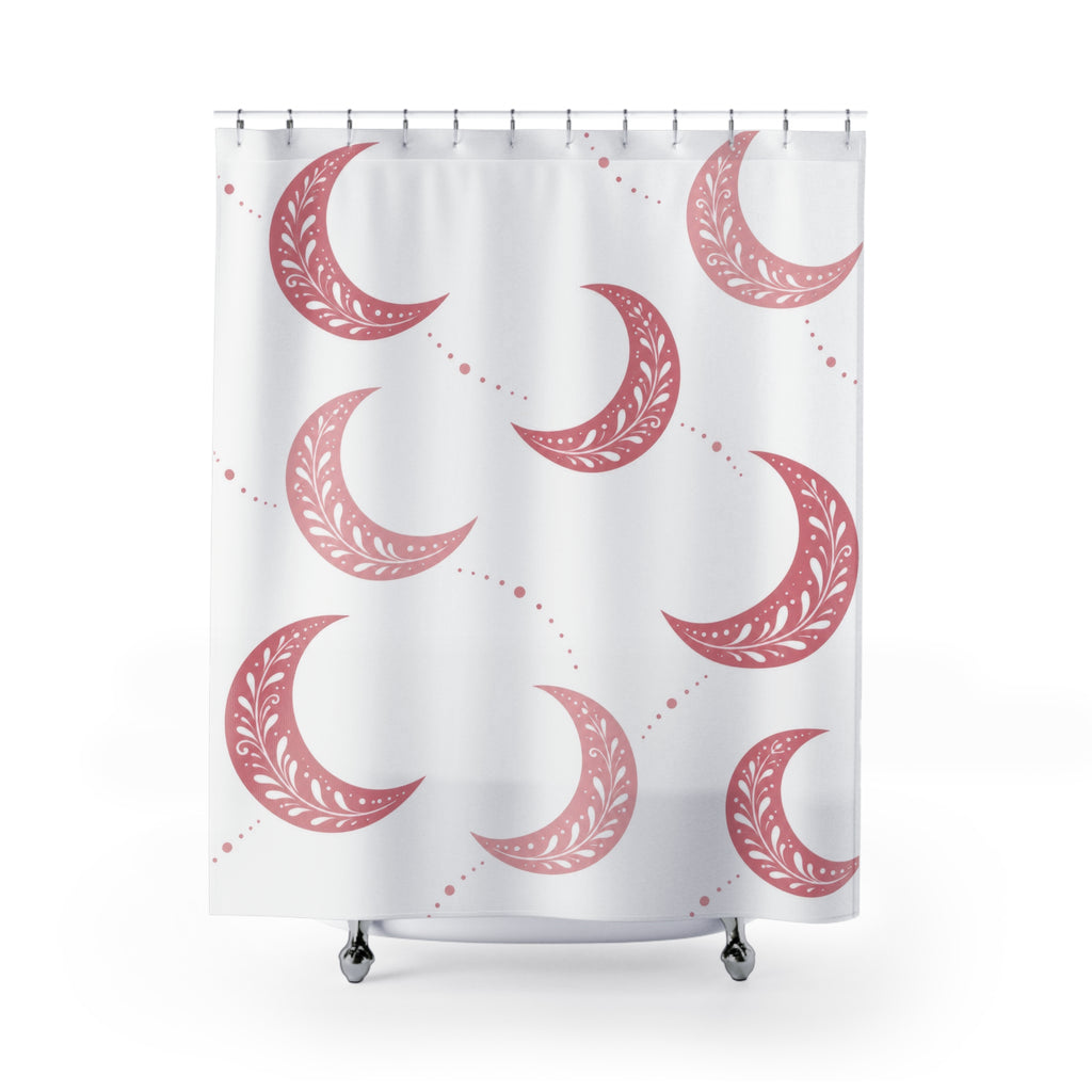 Pink crescent moons with white sprigs and dotted trails shower curtain with full front view
