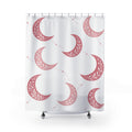 Pink crescent moons with white sprigs and dotted trails shower curtain with full front view