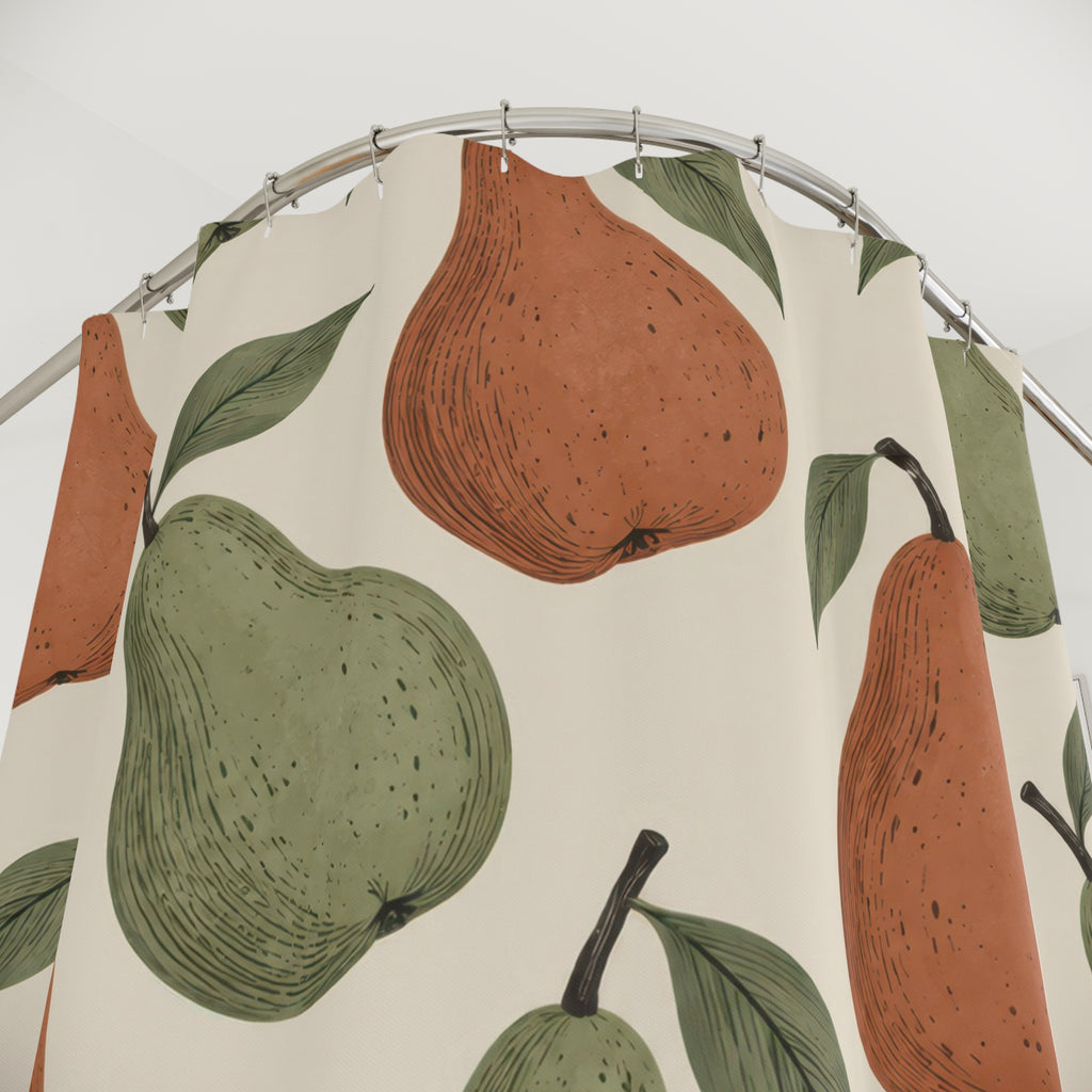 Sage green and terracotta pears with dark contours on cream shower curtain with close-up print, hooks, and folds