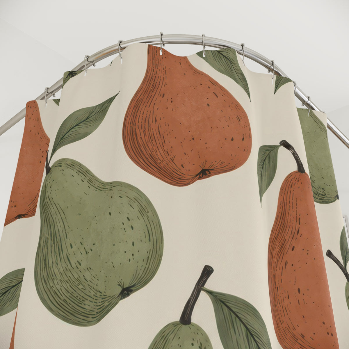 Sage green and terracotta pears with dark contours on cream shower curtain with close-up print, hooks, and folds