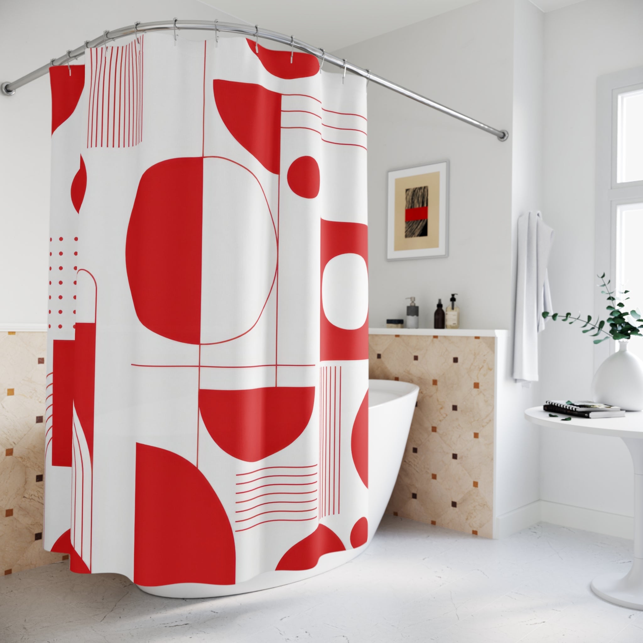 Red Geometric Shower Curtain, Bauhaus Abstract Circle Pattern, Red White Bath Decor, Modern Graphic Guest Bathroom Accent, Retro Style
