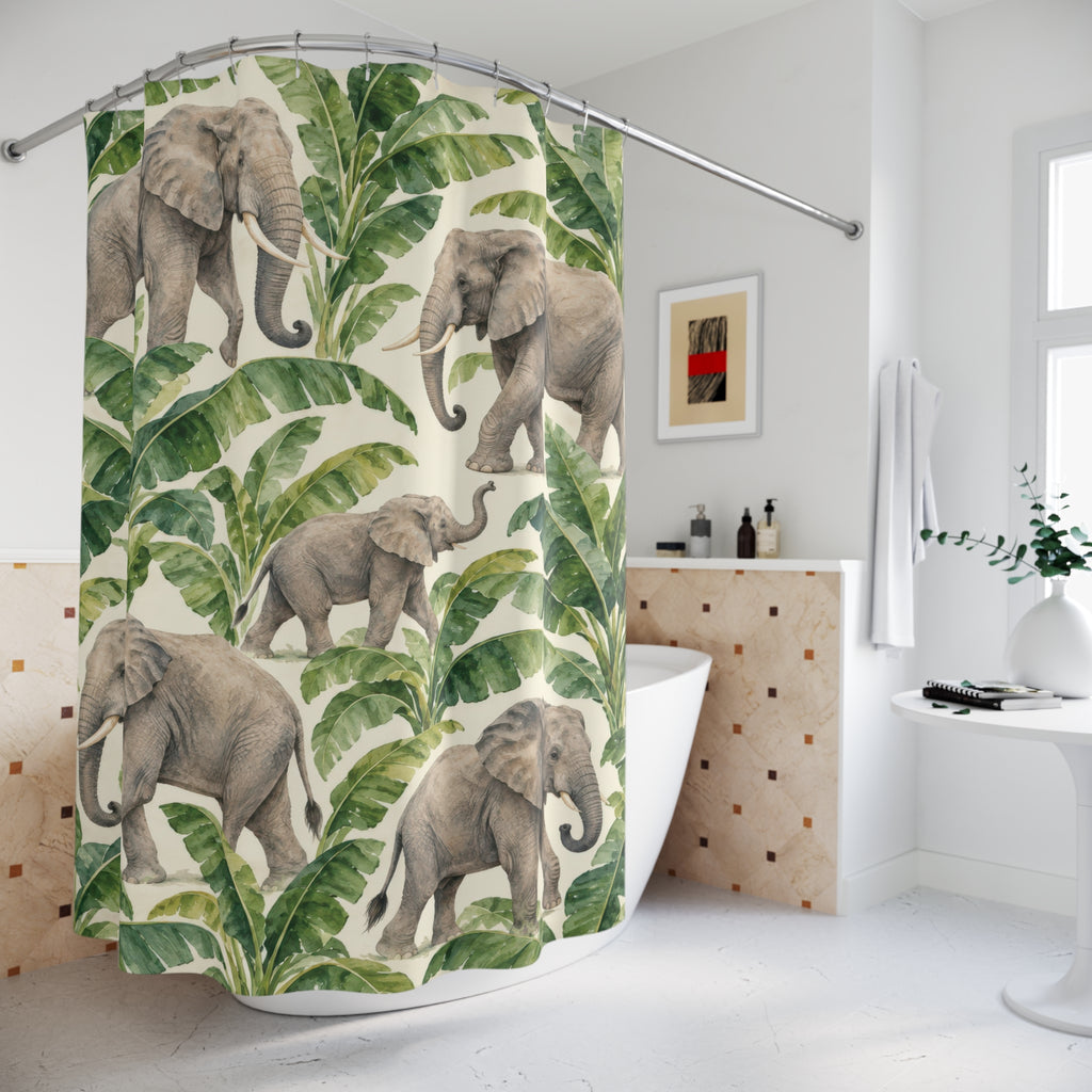 Elephant and green banana leaf pattern shower curtain beside a freestanding tub