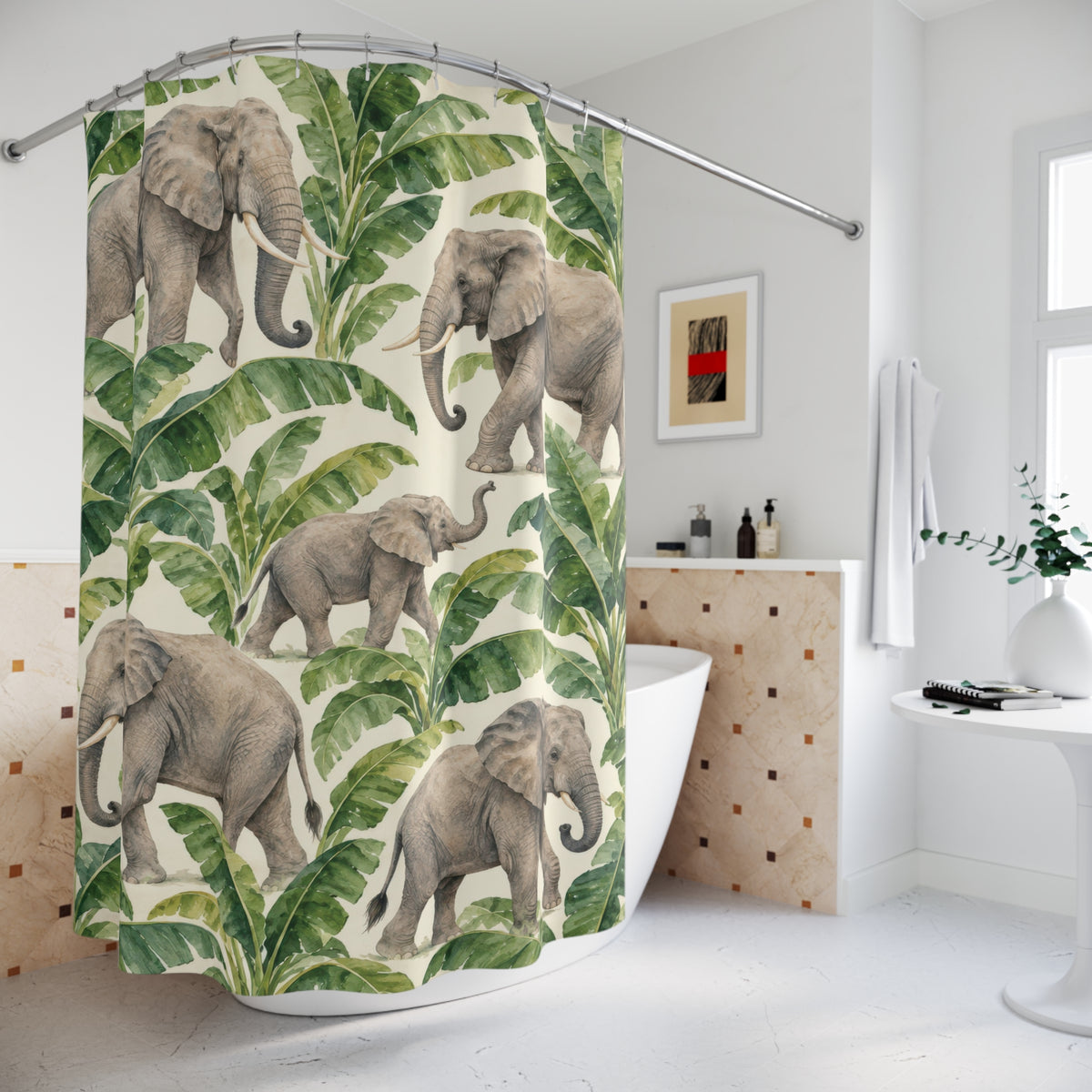 Elephant and green banana leaf pattern shower curtain beside a freestanding tub