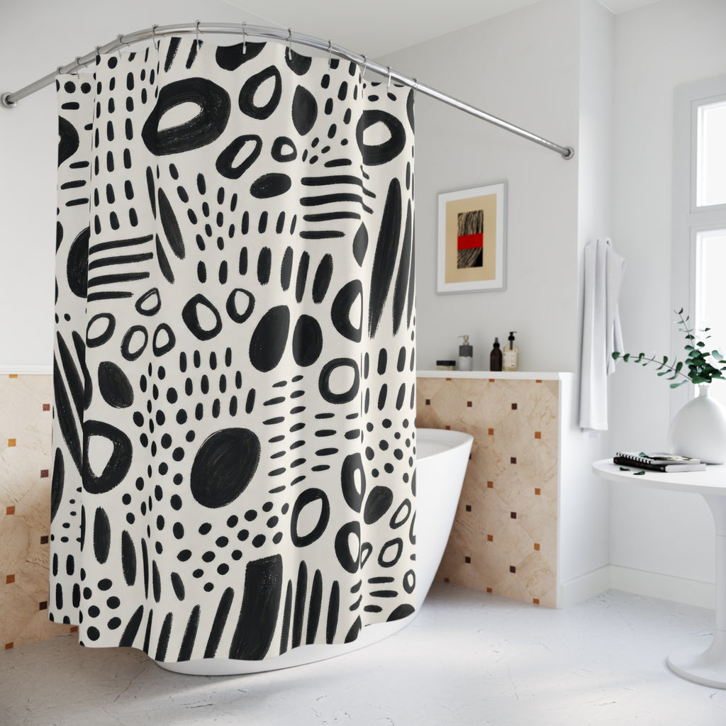Black White Shower Curtain, Abstract Dot Stripe Mark Pattern, Modern Graphic Bathroom Decor, Black White Wall Decor Guest Bath Wall Gift