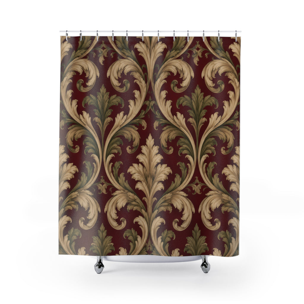 Cream and olive acanthus scrolls on burgundy shower curtain with full front view