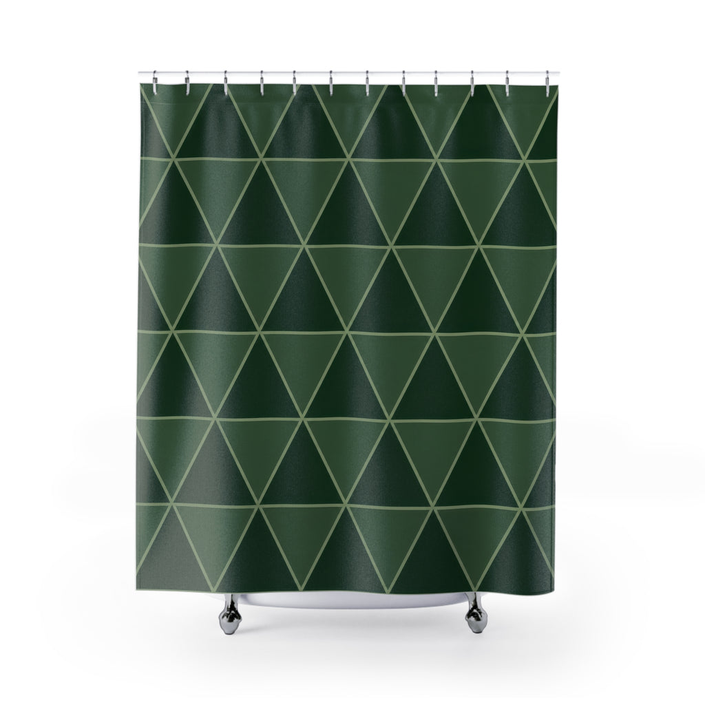 Forest green triangles with sage outlines shower curtain with full front view