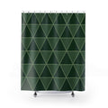 Forest green triangles with sage outlines shower curtain with full front view