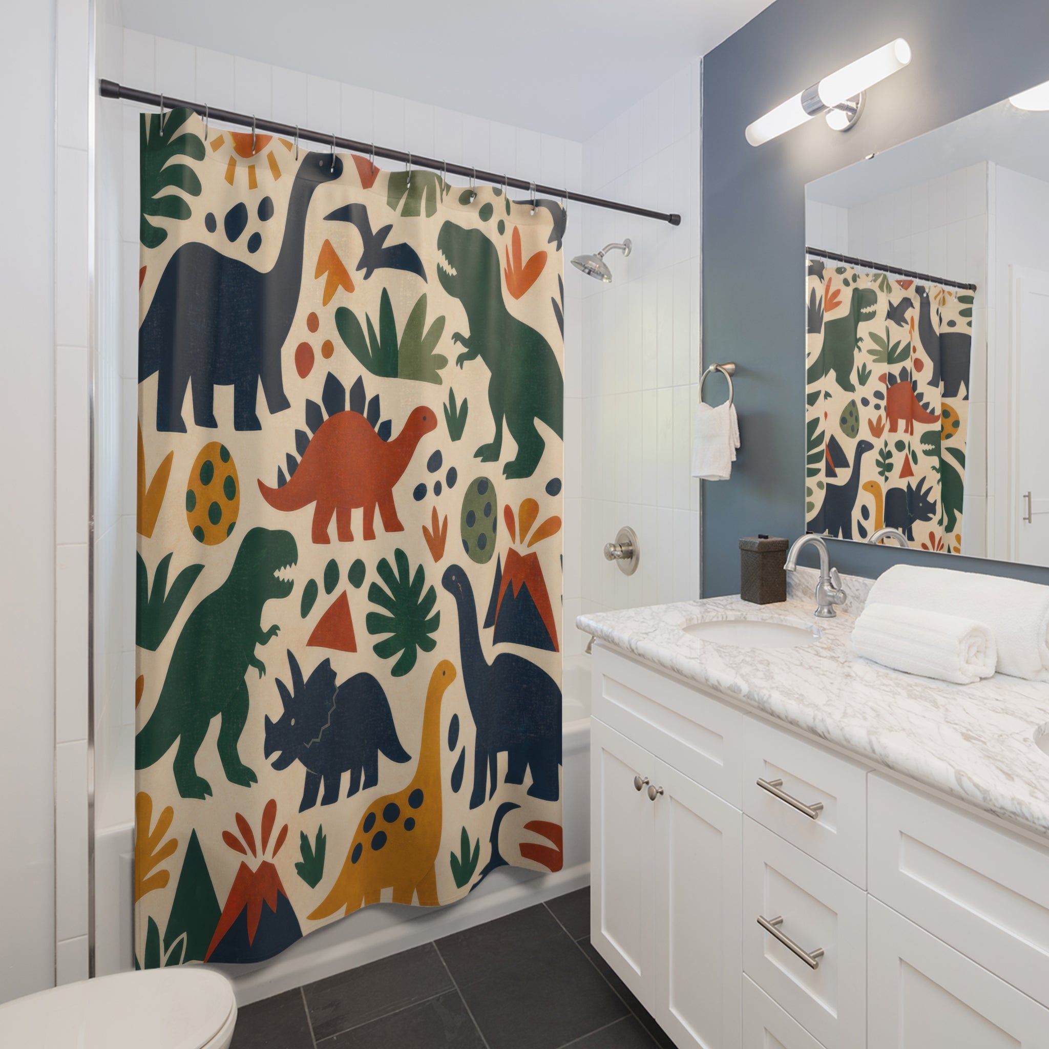 Folk Dinosaur Shower Curtain, Teal Kids Bathroom Decor, Dinosaur Bath Curtain, Boys Bathroom Decor, Volcano Pattern, Bath Decor, Guest Bath