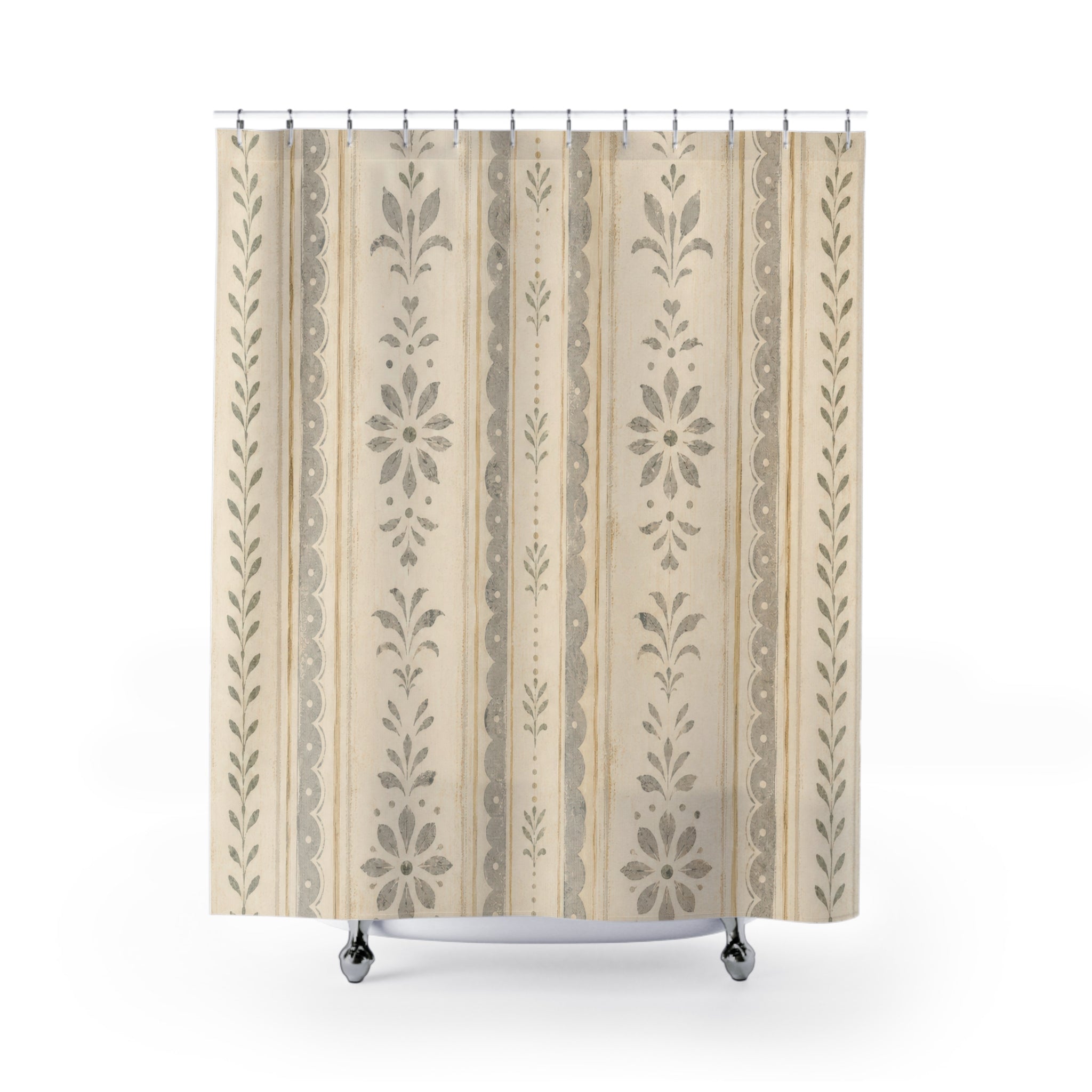 Beige Botanical Stripe Farmhouse Shower Curtain