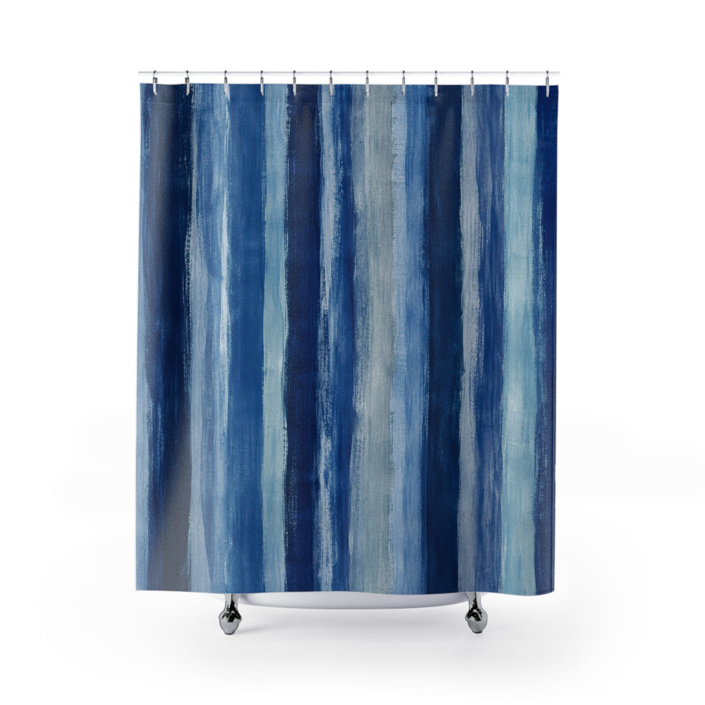 Indigo Watercolor Vertical Stripe Shower Curtain
