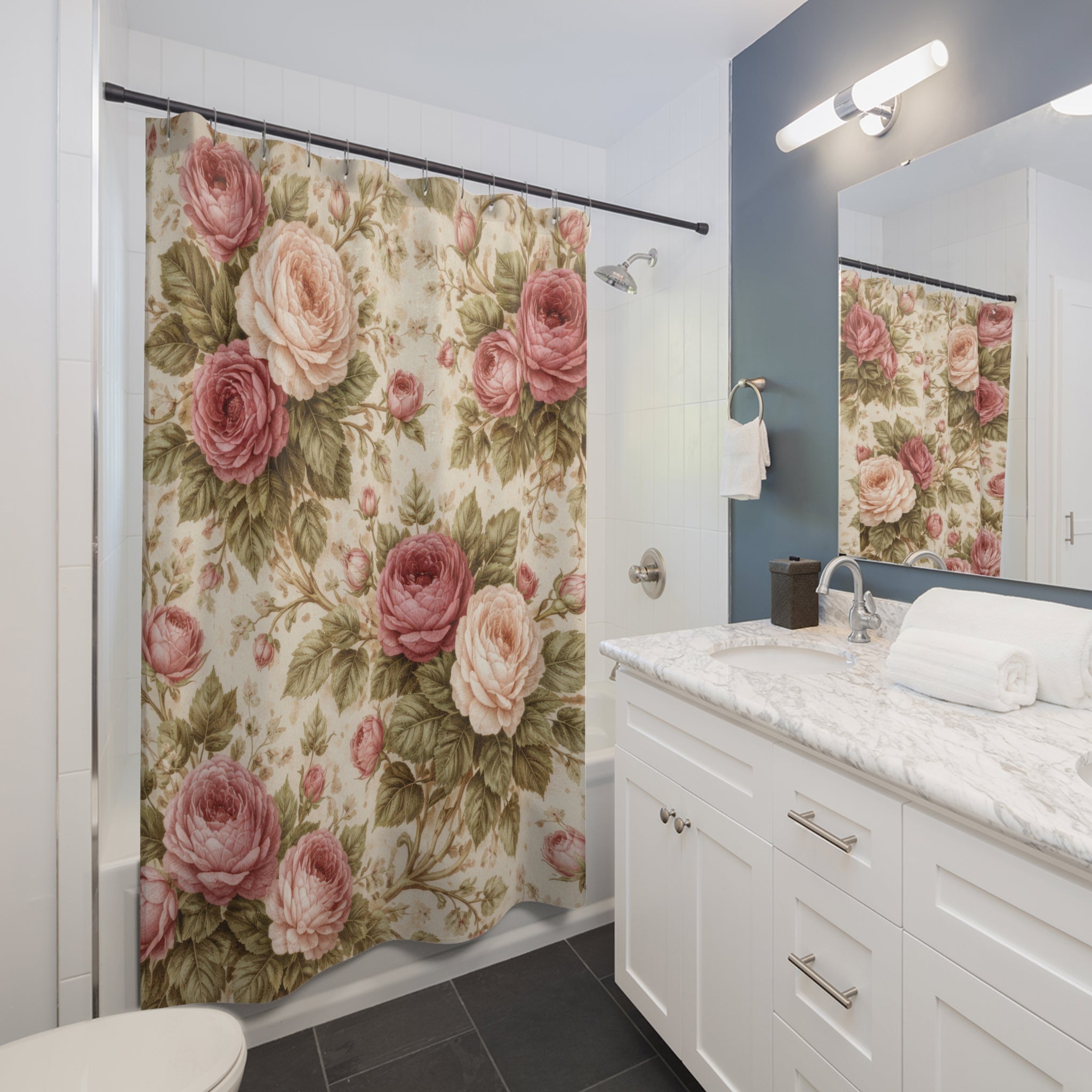 Cottagecore Rose Shower Curtain – Blush & Moss Garden