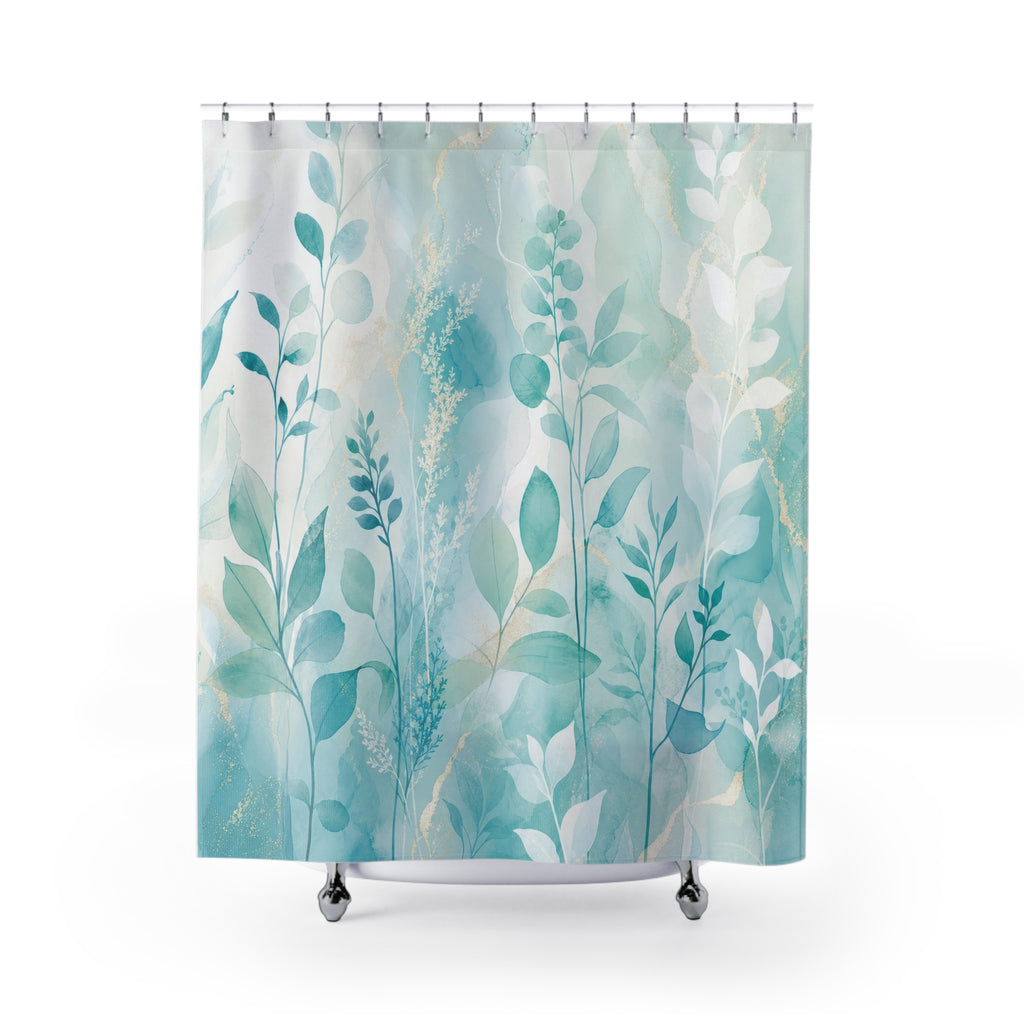 Lagoon Leaf aqua botanical soft shower curtain with full front view