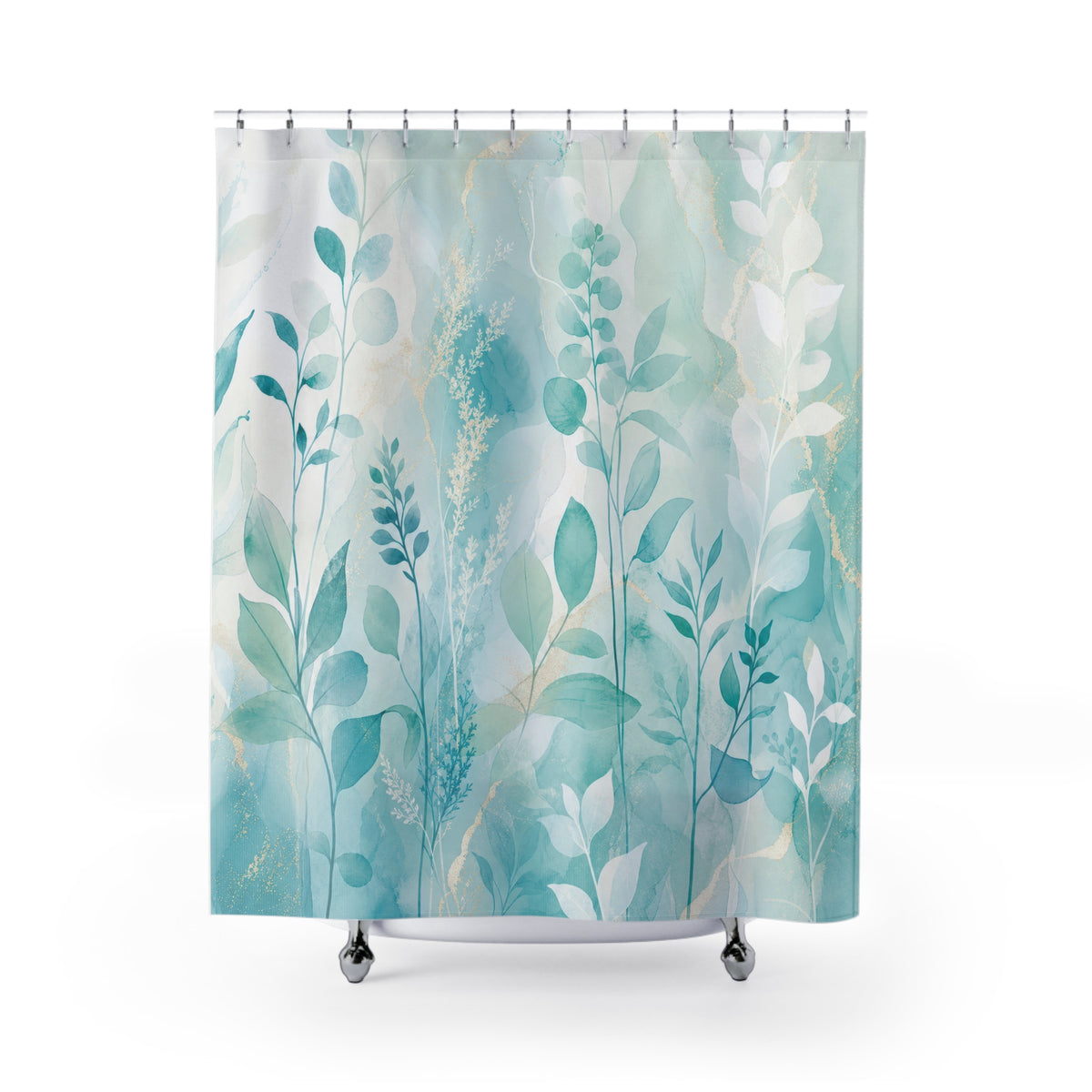Lagoon Leaf aqua botanical soft shower curtain with full front view