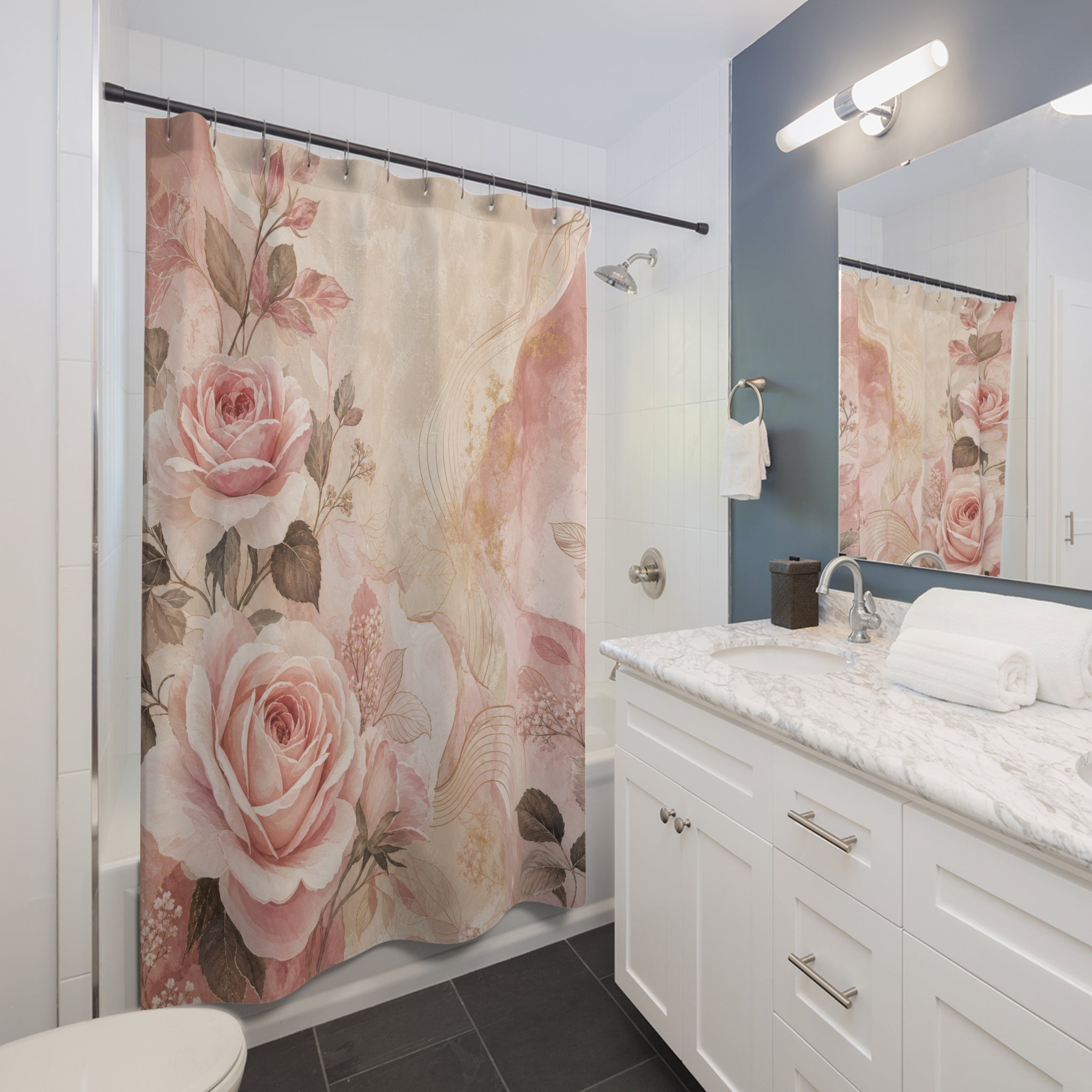 Pink and Beige Shower Curtain: Rose Floral Marble