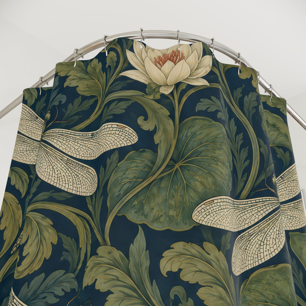 Olive and teal dragonfly waterlily shower curtain with close-up print, hooks, and folds