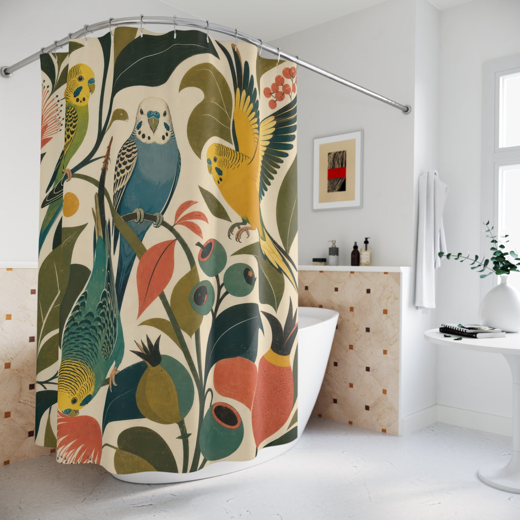 Mid Century Parakeet Garden shower curtain beside a freestanding tub