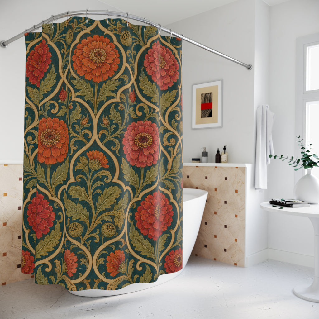 Arts and Crafts zinnia ogee pattern shower curtain beside a freestanding tub