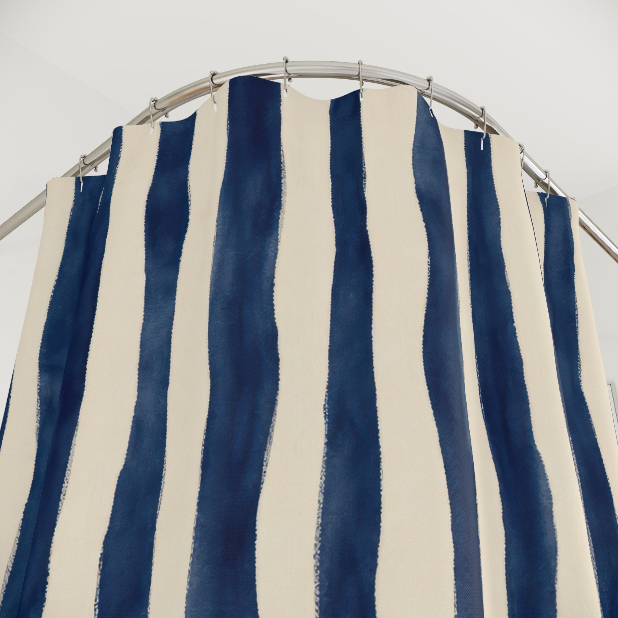 Navy Blue Cream Wavy Stripe Shower Curtain