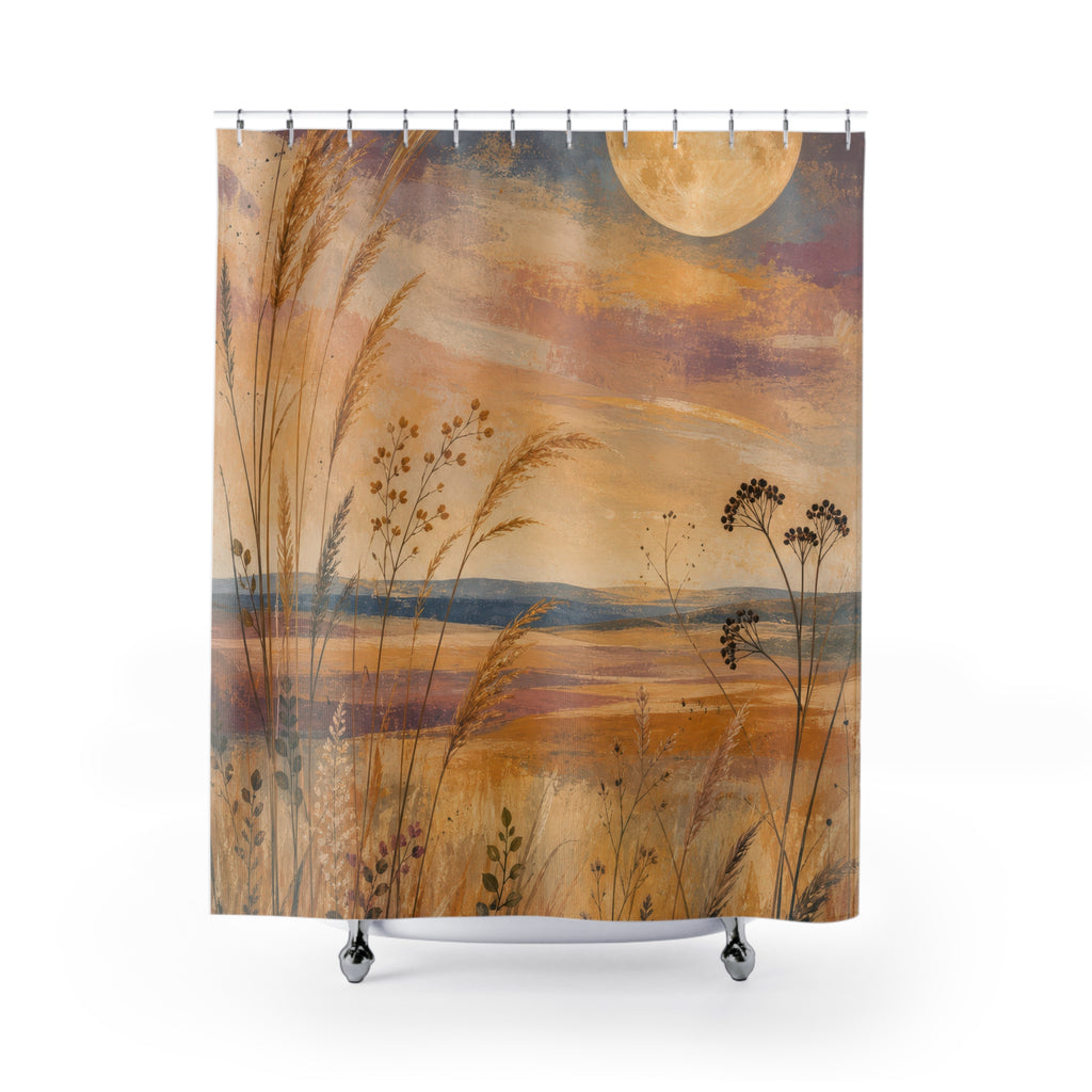 Golden Grassland Moonrise Shower Curtain