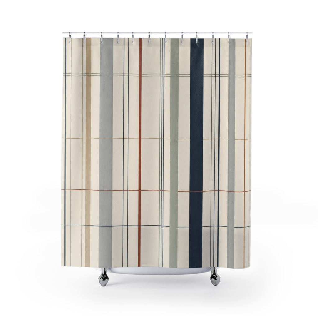 Navy Stripe Plaid Grid Shower Curtain