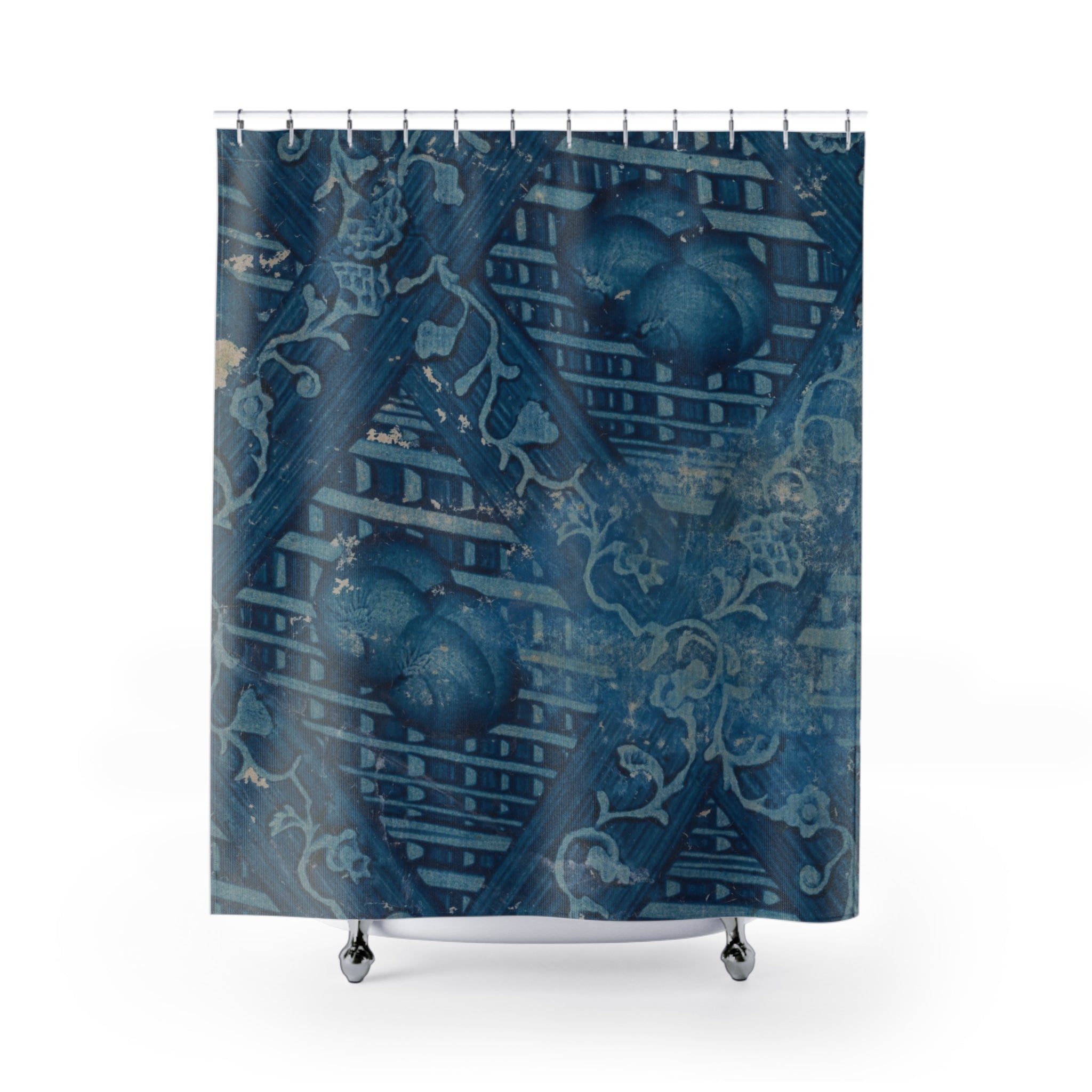 German Paste Paper Shower Curtain – Indigo Lattice