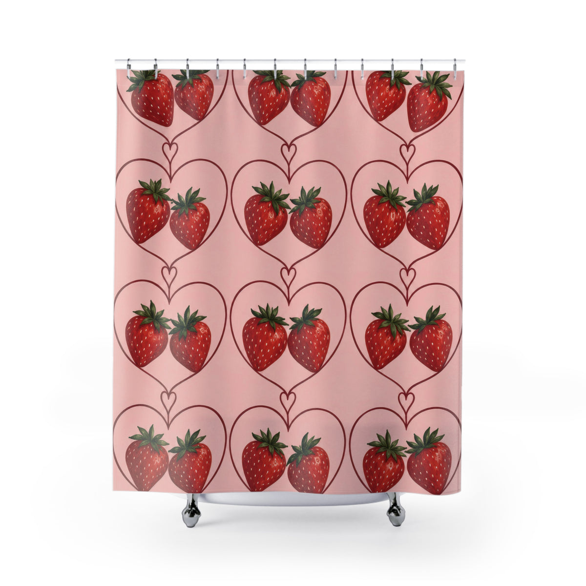 Red strawberry pairs in burgundy hearts on blush pink shower curtain with full front view
