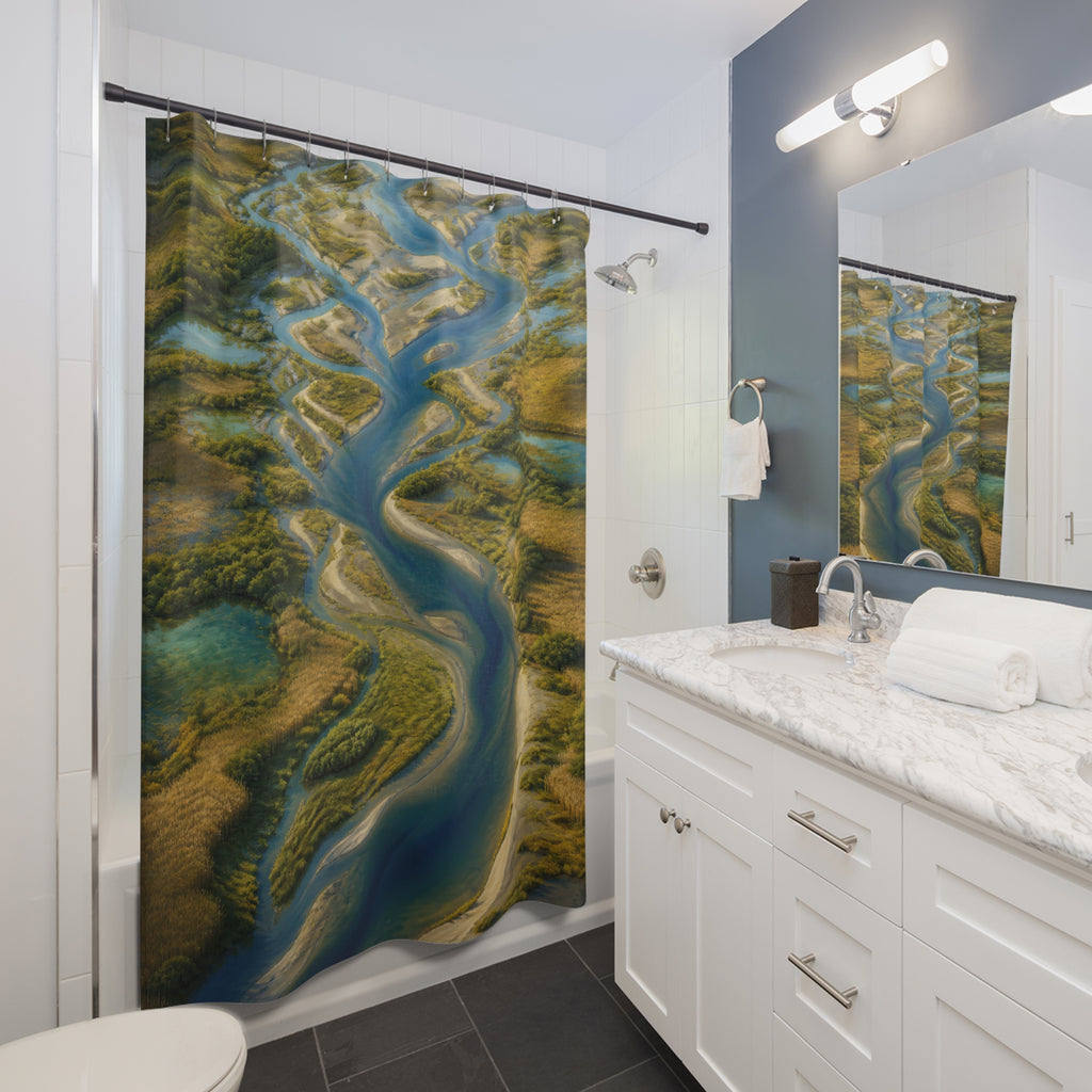 Aerial river delta with turquoise braided waterways shower curtain beside a white vanity
