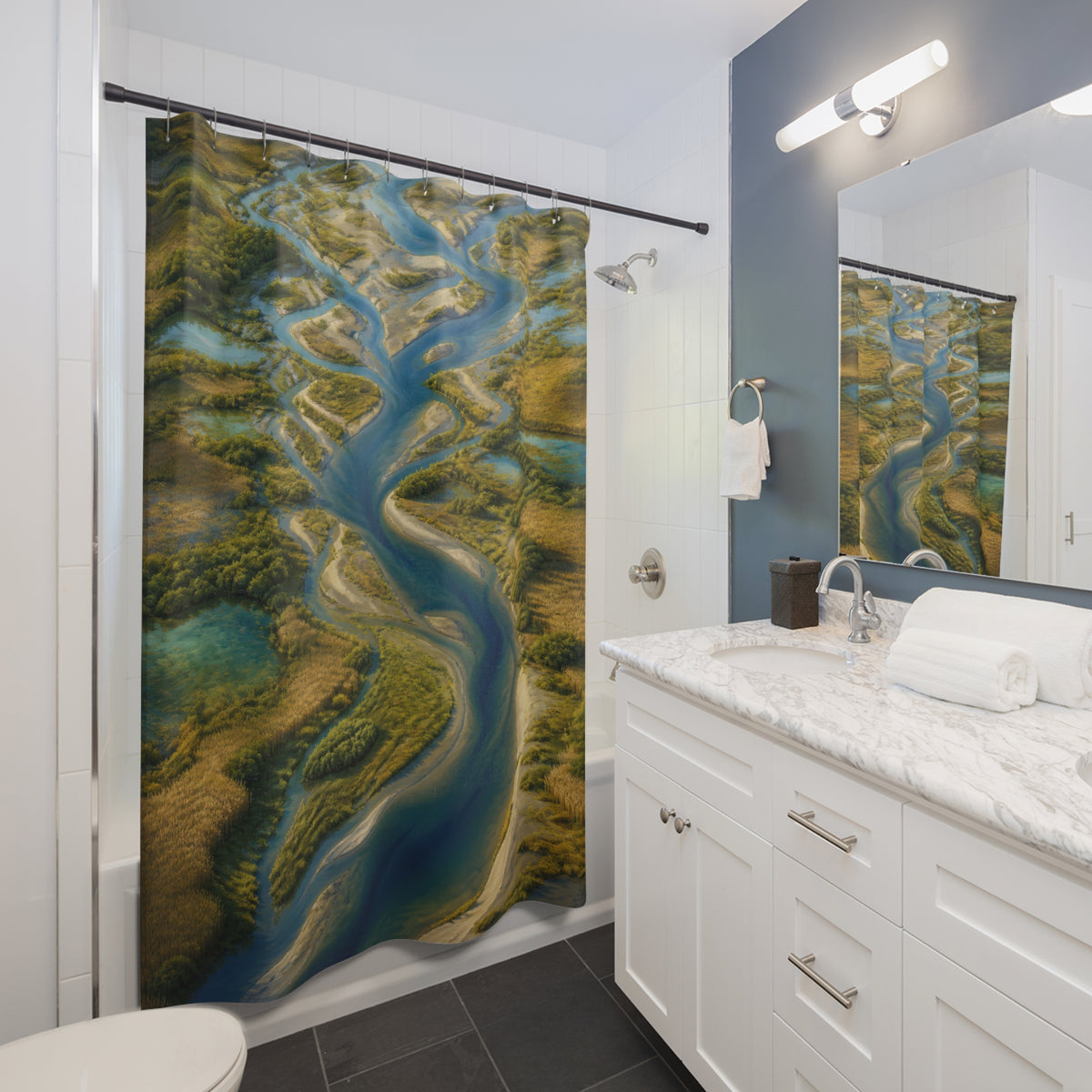 Aerial river delta with turquoise braided waterways shower curtain beside a white vanity