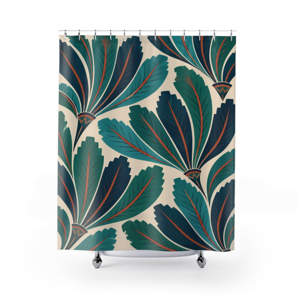 Jade and turquoise feather fans on ivory shower curtain with full front view