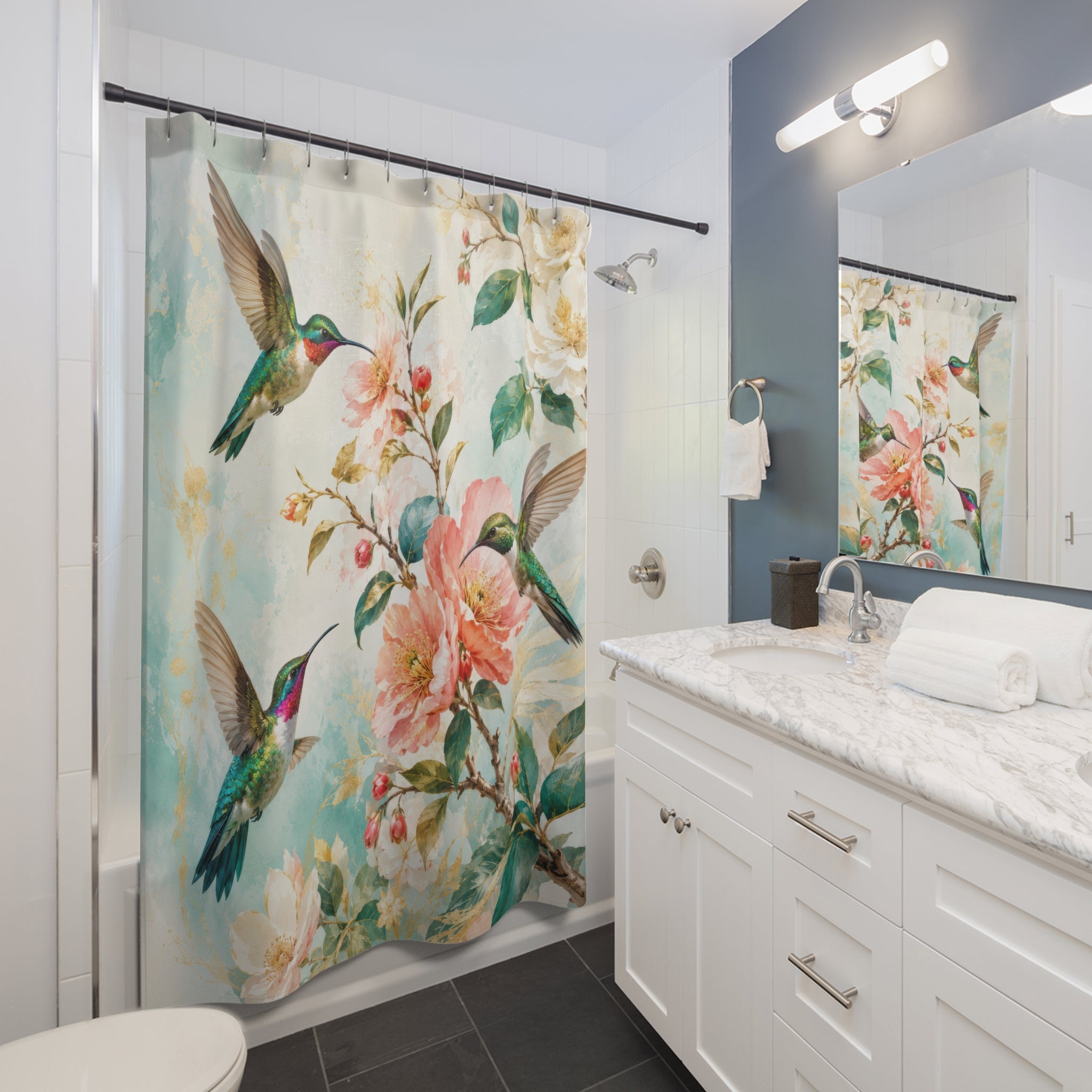 Hummingbird Shower Curtain: Aqua Floral Bird