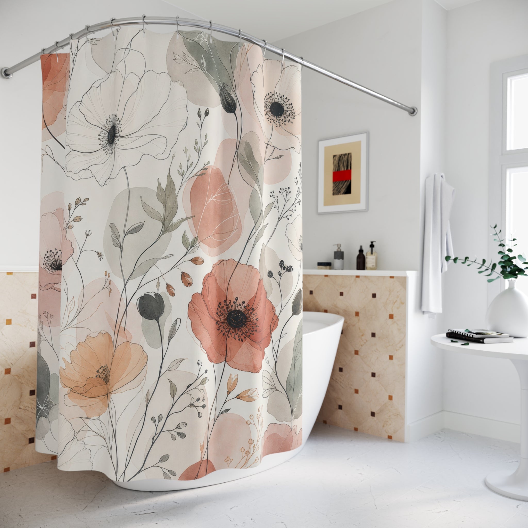 Coral Peach Poppy Flower Shower Curtain