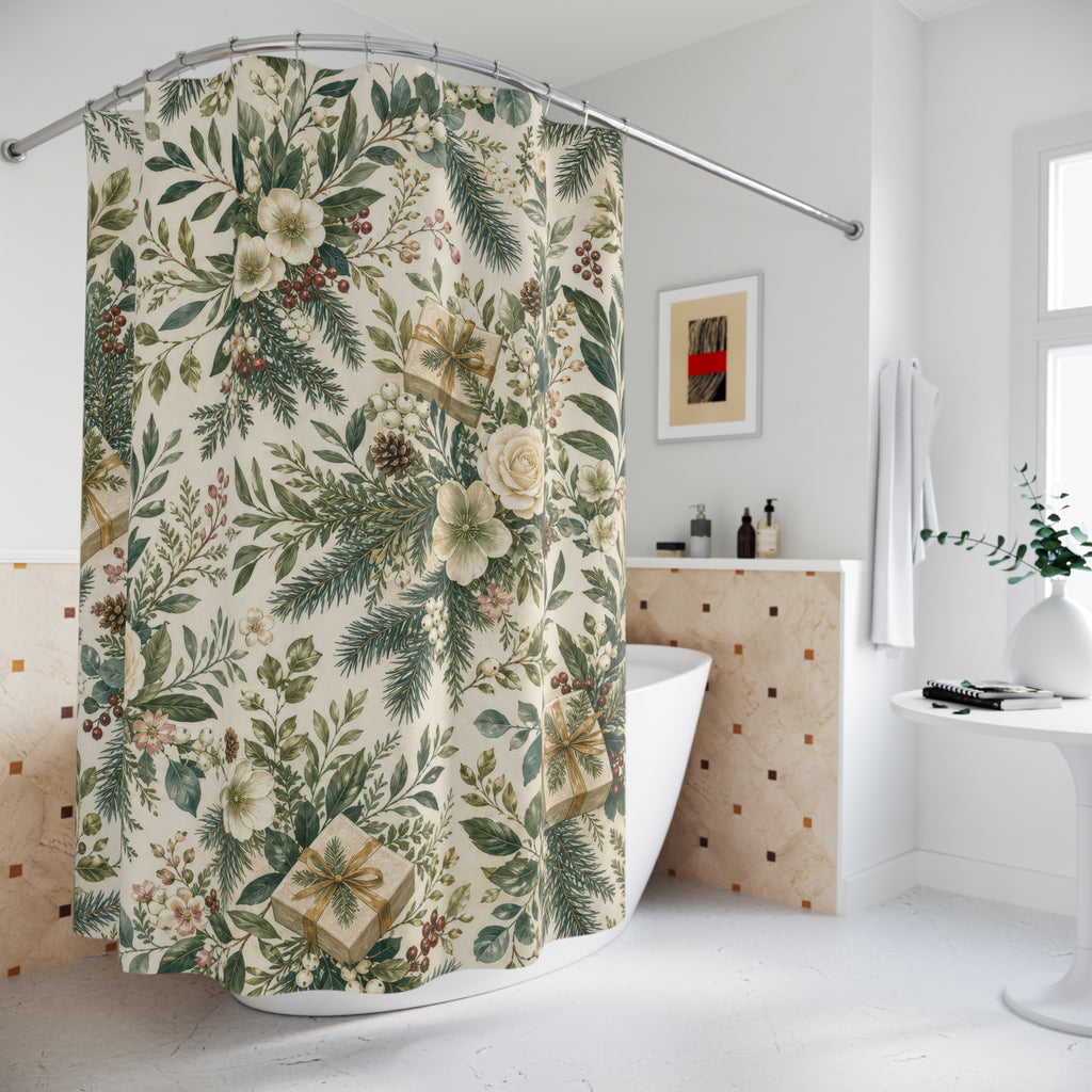 Christmas Gift Shower Curtain, Green Floral Bath Decor, White Rose Pine Present Pattern, Farmhouse Holiday Guest Bathroom Decor Style