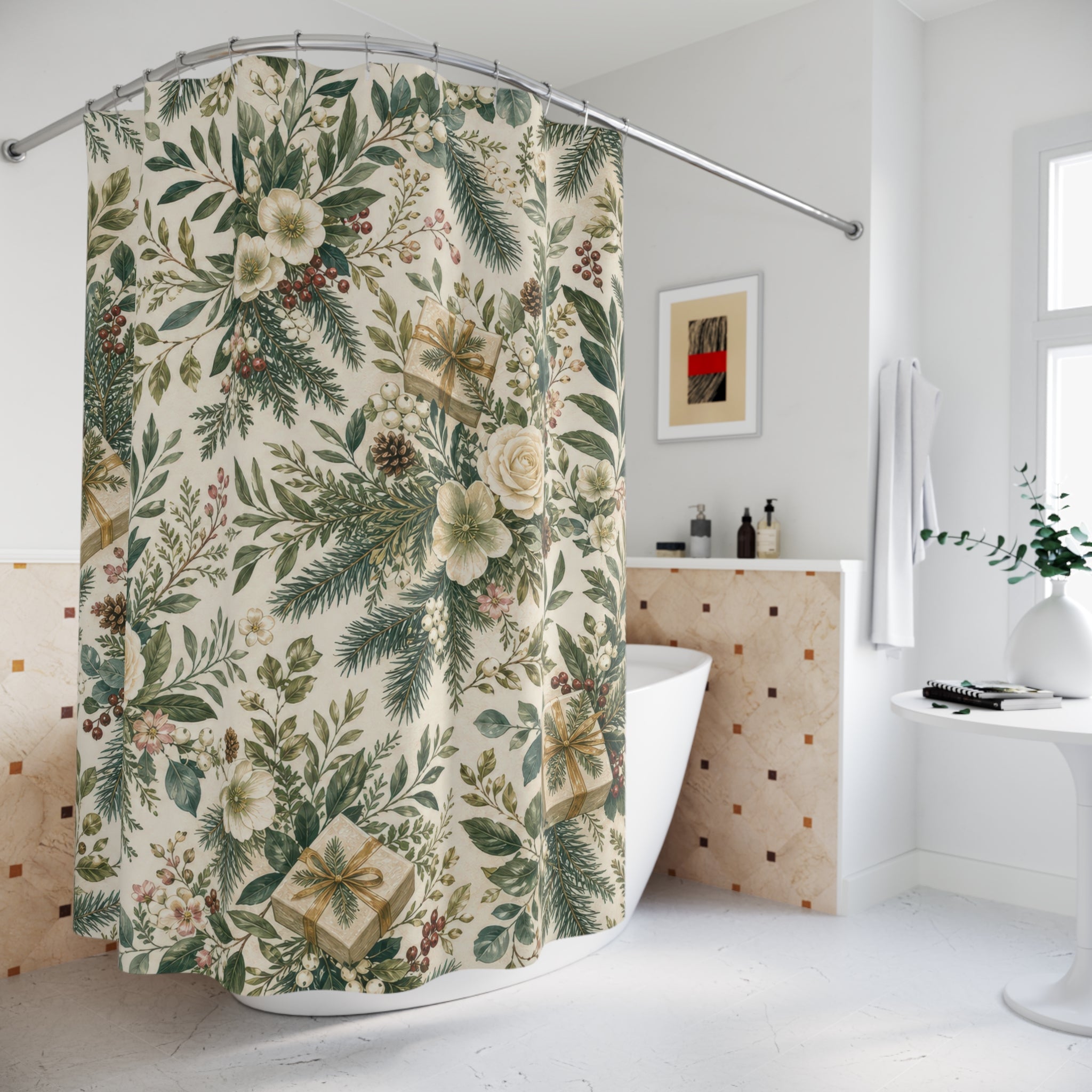 Christmas Gift Shower Curtain, Green Floral Bath Decor, White Rose Pine Present Pattern, Farmhouse Holiday Guest Bathroom Decor Style