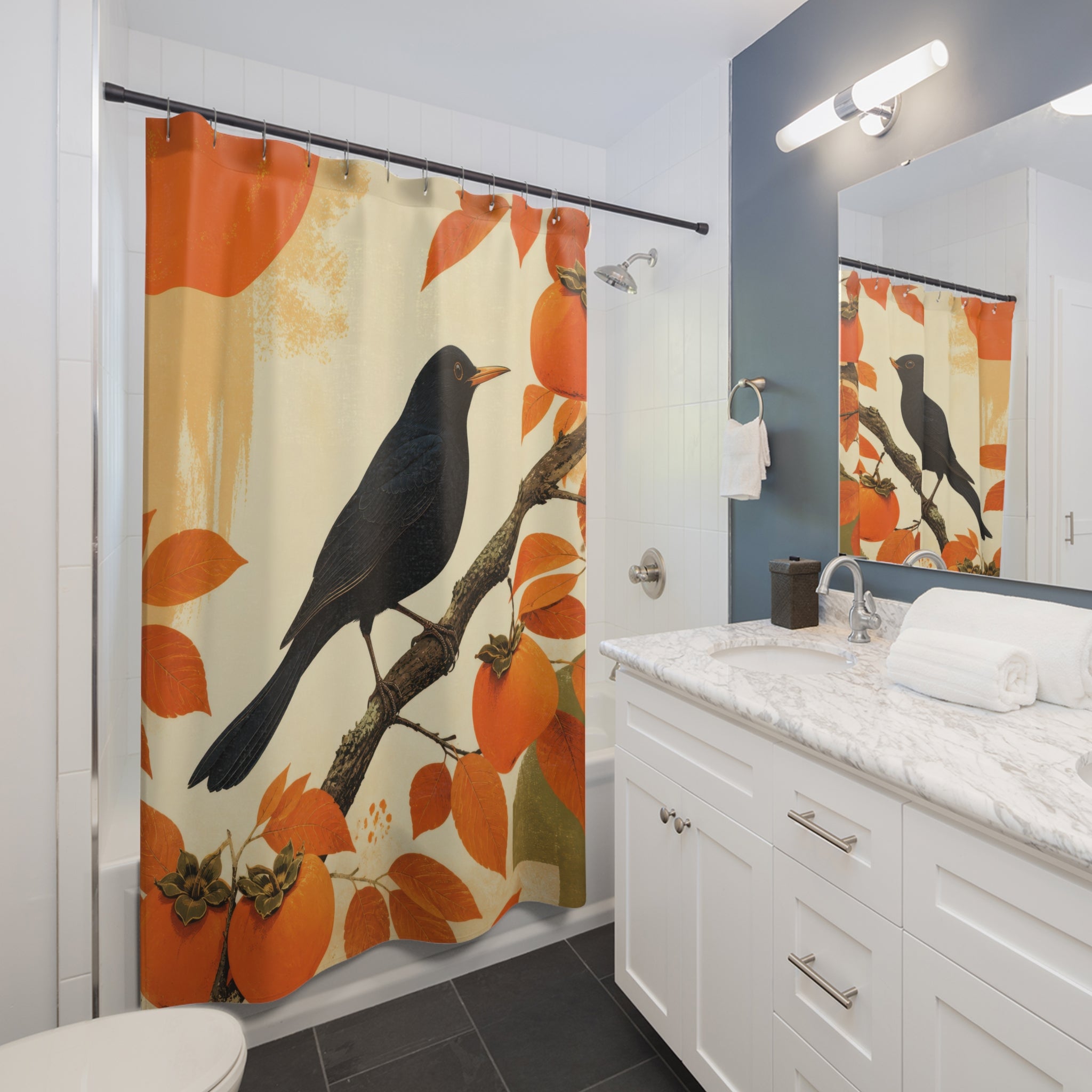 Blackbird perched among orange persimmons and autumn leaves shower curtain beside a white vanity
