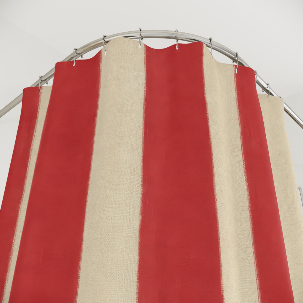 Red And White Striped Shower Curtain, Cabana Bath Decor, Cream Red Vertical Stripe Pattern, Classic Guest Bathroom Decor, Cabana Style