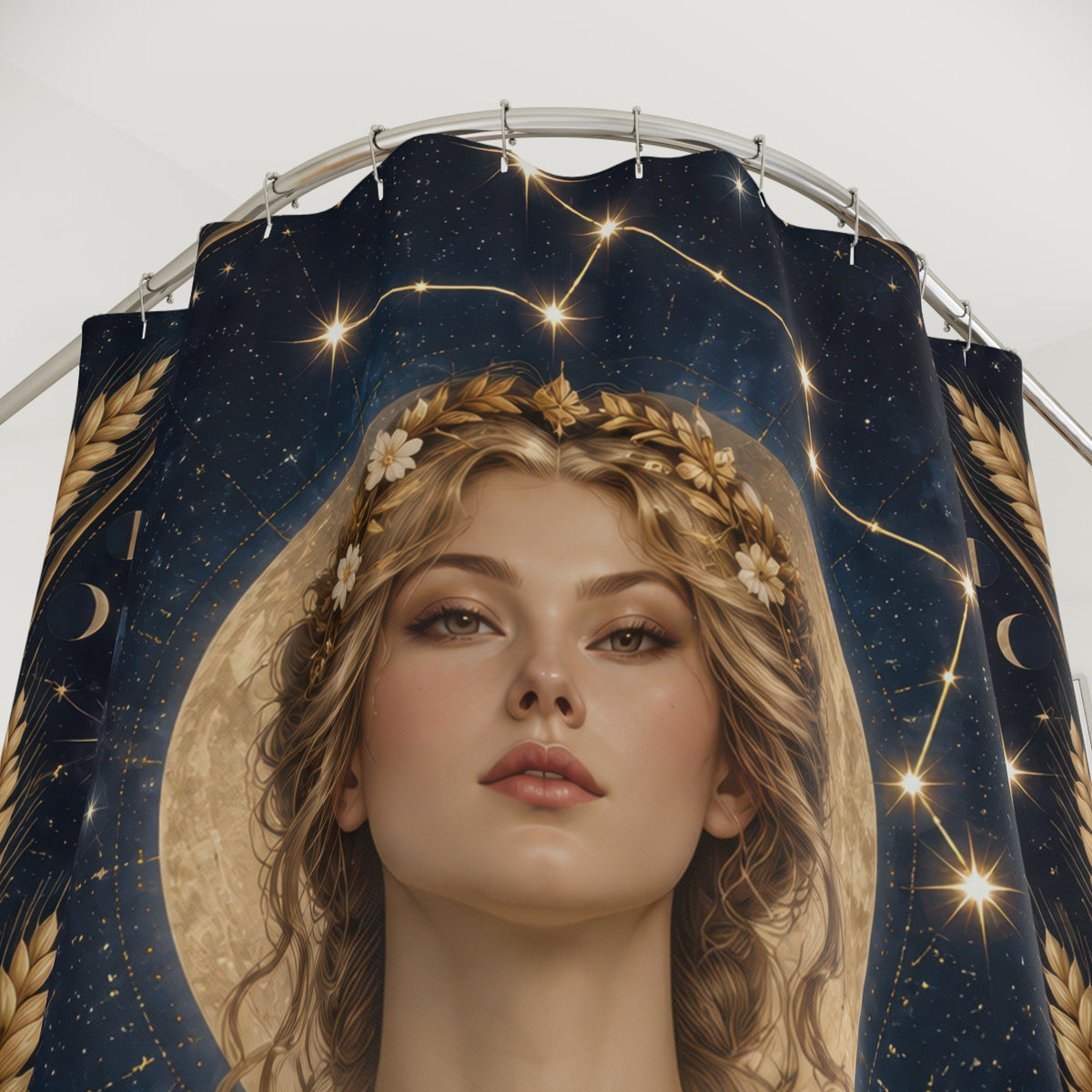 Virgo maiden with a golden wheat wreath shower curtain with close-up print, hooks, and folds