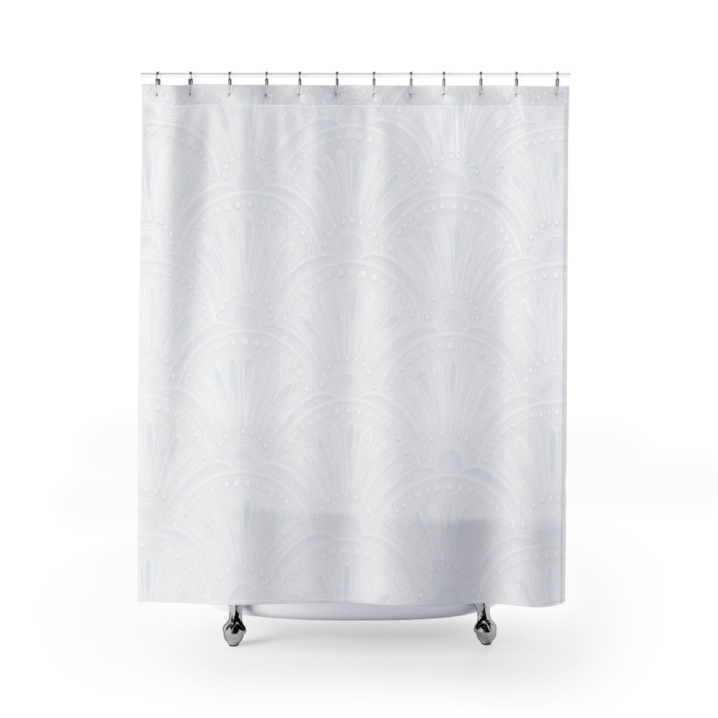White Boho Shower Curtain, Scallop Fan Bath Decor, Art Deco Arch Pattern, Minimal Guest Bathroom Decor, Soft Spa Style, White Spa Style
