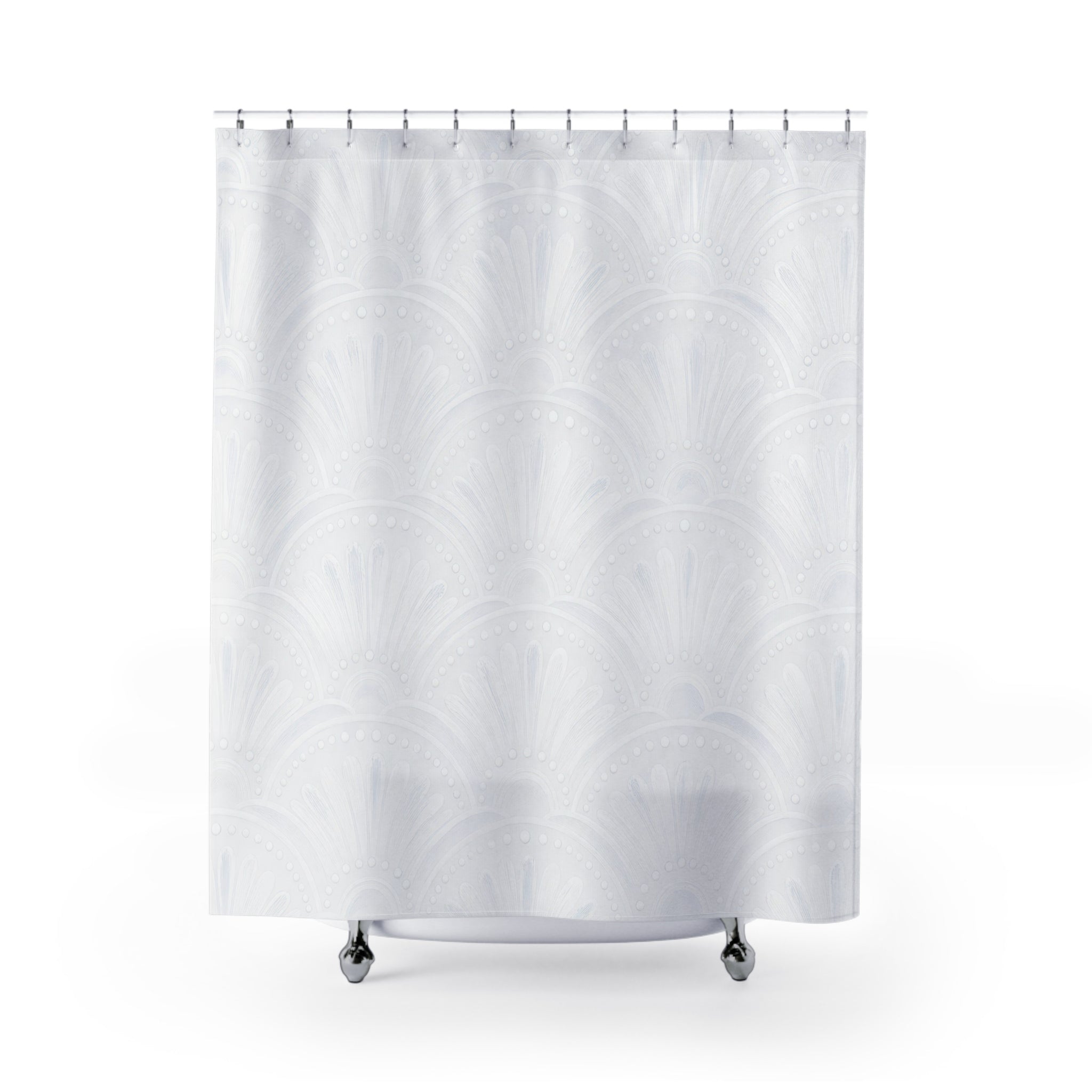 White Boho Shower Curtain, Scallop Fan Bath Decor, Art Deco Arch Pattern, Minimal Guest Bathroom Decor, Soft Spa Style, White Spa Style