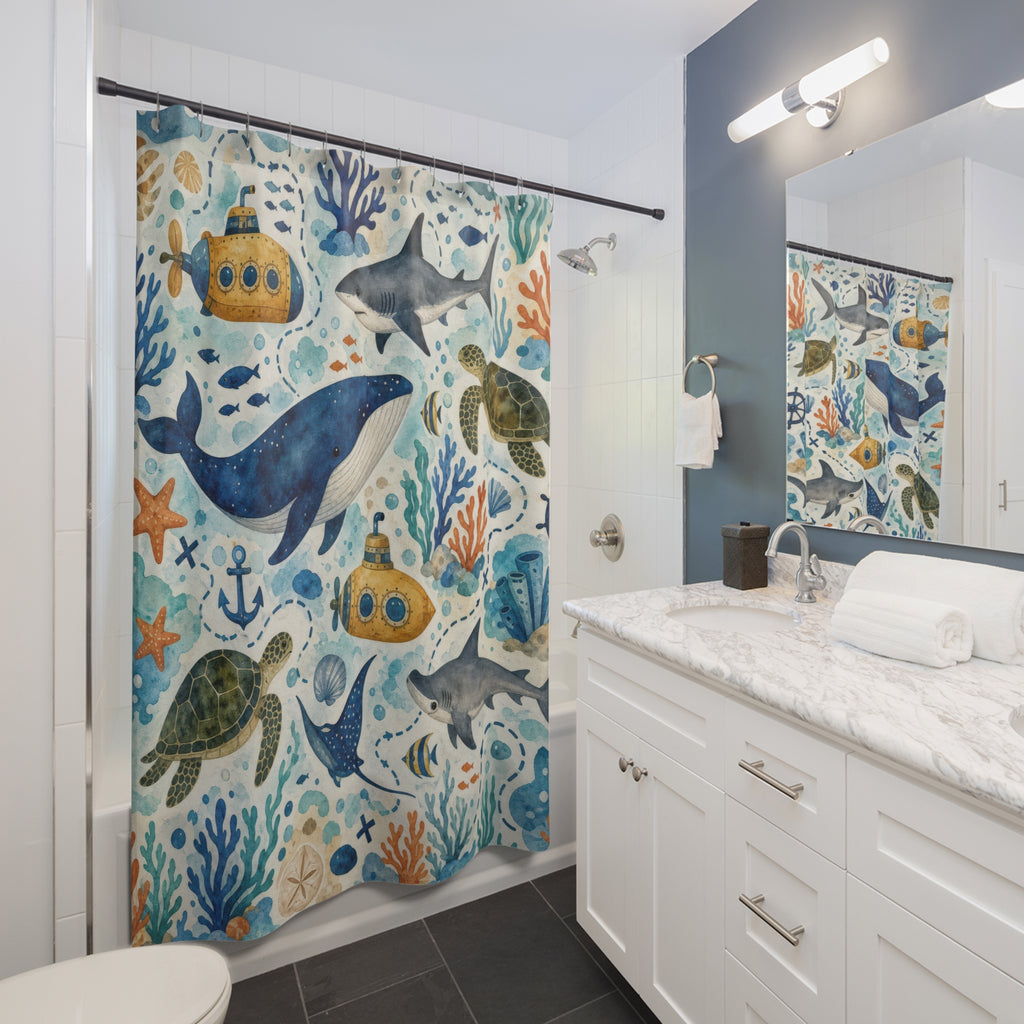 Ocean Adventure Shower Curtain, Whale and Sea Turtle Bathroom Decor, Submarine Bath Curtain, Coastal Kids Bathroom Art, Blue Bath, Bath Art