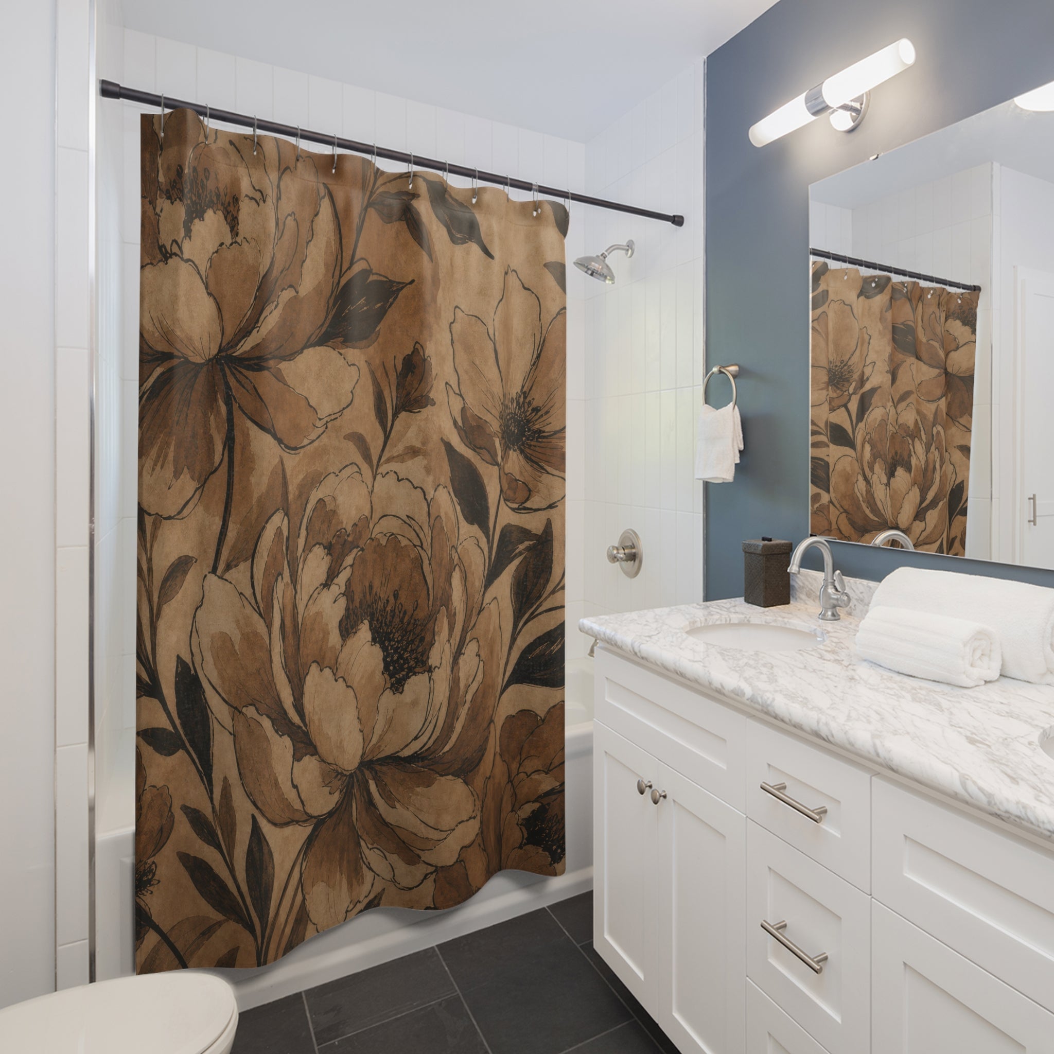 Black Brown Vintage Flower Shower Curtain