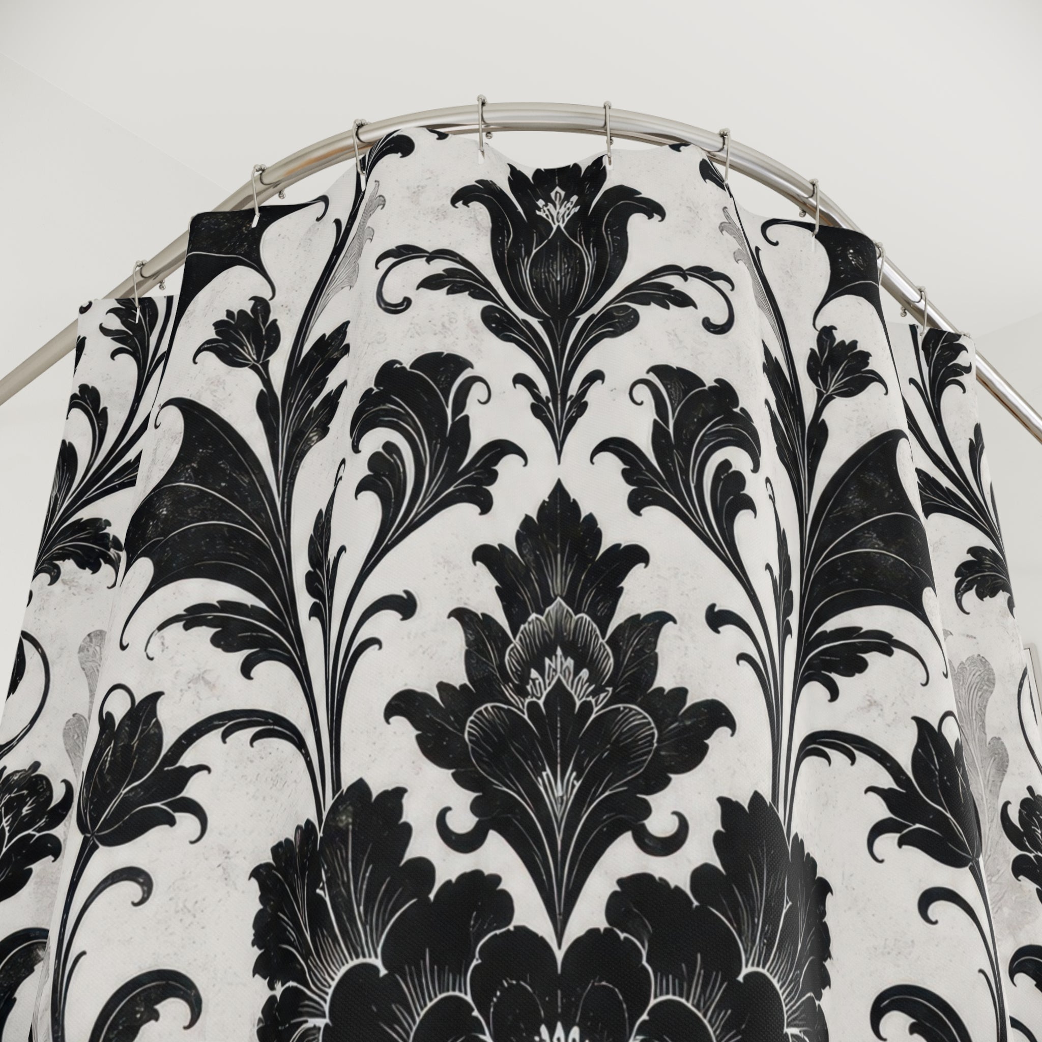 Black White Damask Floral Botanical Acanthus Scroll Shower Curtain