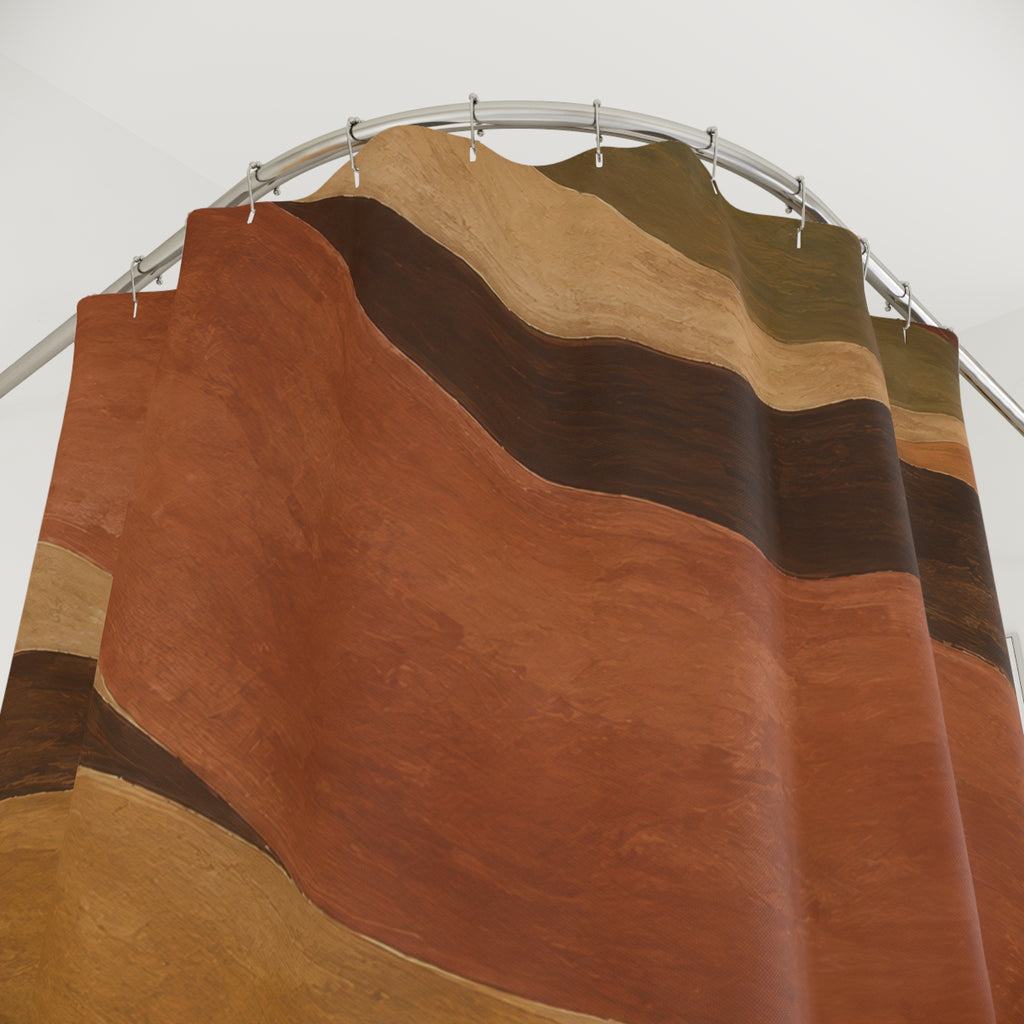 Terracotta and olive flowing bands with dark brown curves shower curtain with close-up print, hooks, and folds