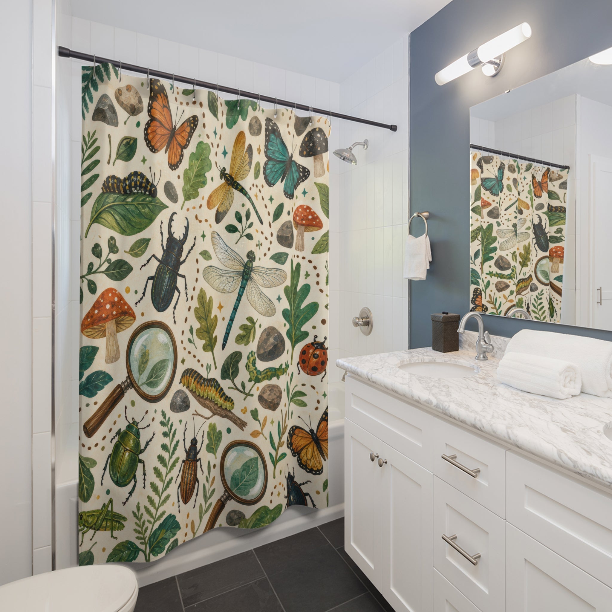 Bug Explorer Shower Curtain, Nature Kids Bathroom Decor, Beetle Butterfly Bath Curtain, Boys Bathroom Decor, Woodland Bath Decor, Guest Bath