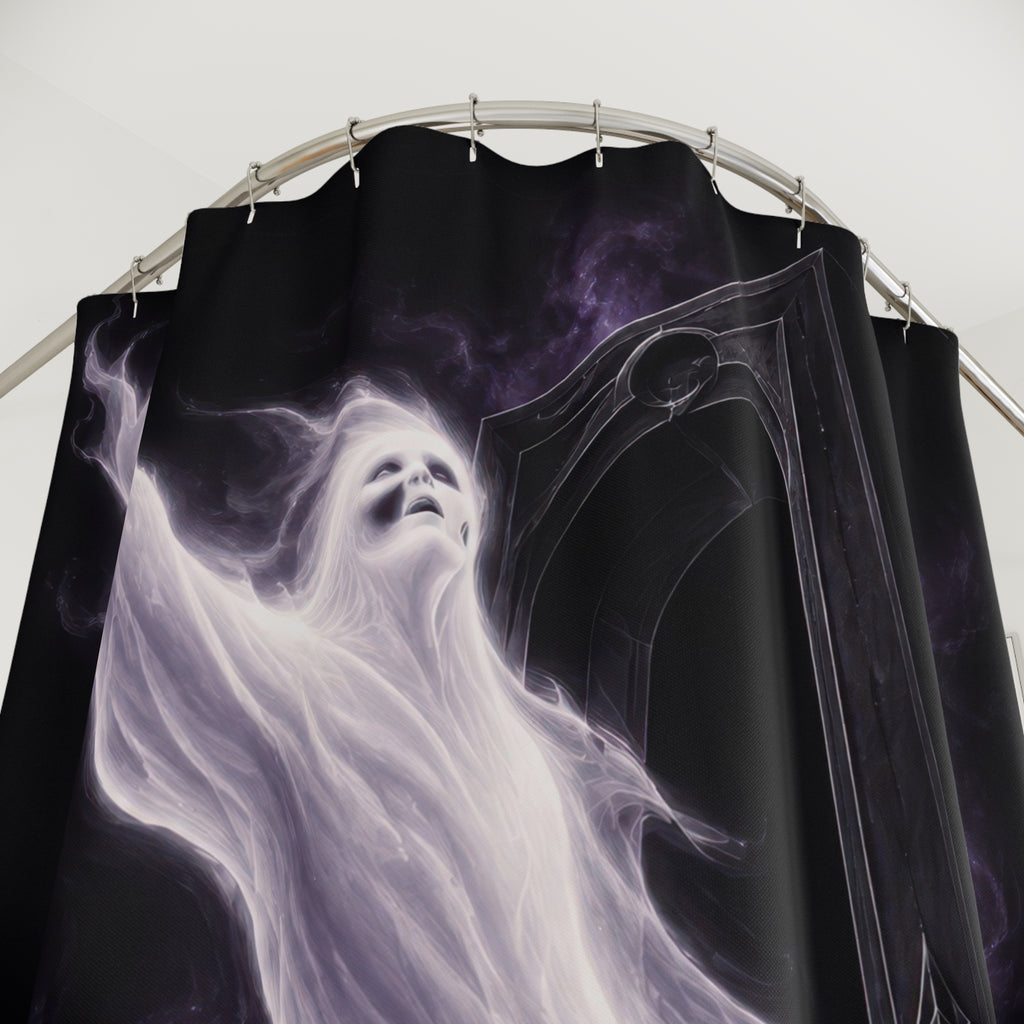 Pearl white ghost emerging from a black threshold shower curtain with close-up print, hooks, and folds