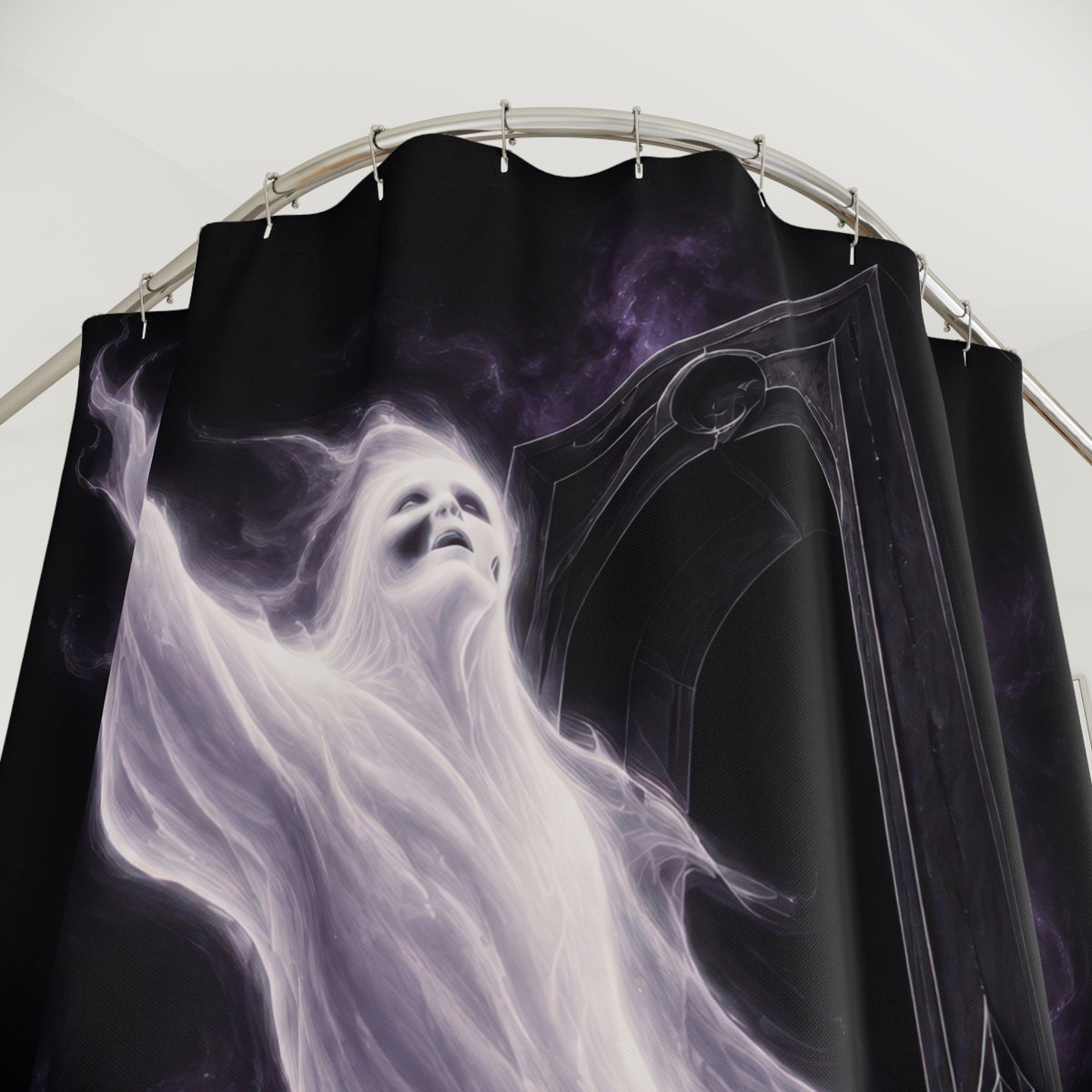 Pearl white ghost emerging from a black threshold shower curtain with close-up print, hooks, and folds
