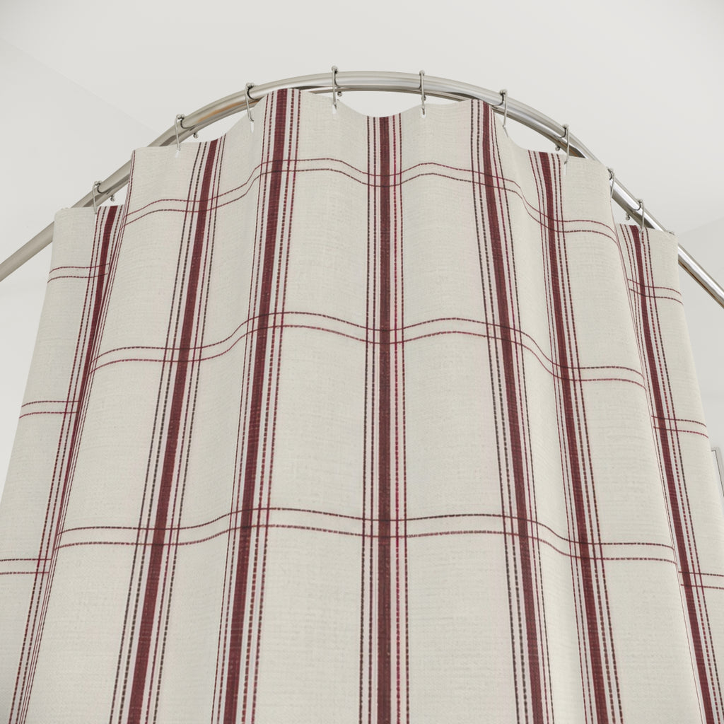 Burgundy Pinstripe Grid Shower Curtain, Burgundy Gray Classic Bathroom Decor, Plaid Pattern Bath Curtain, Guest Bath Decor, Home Decor