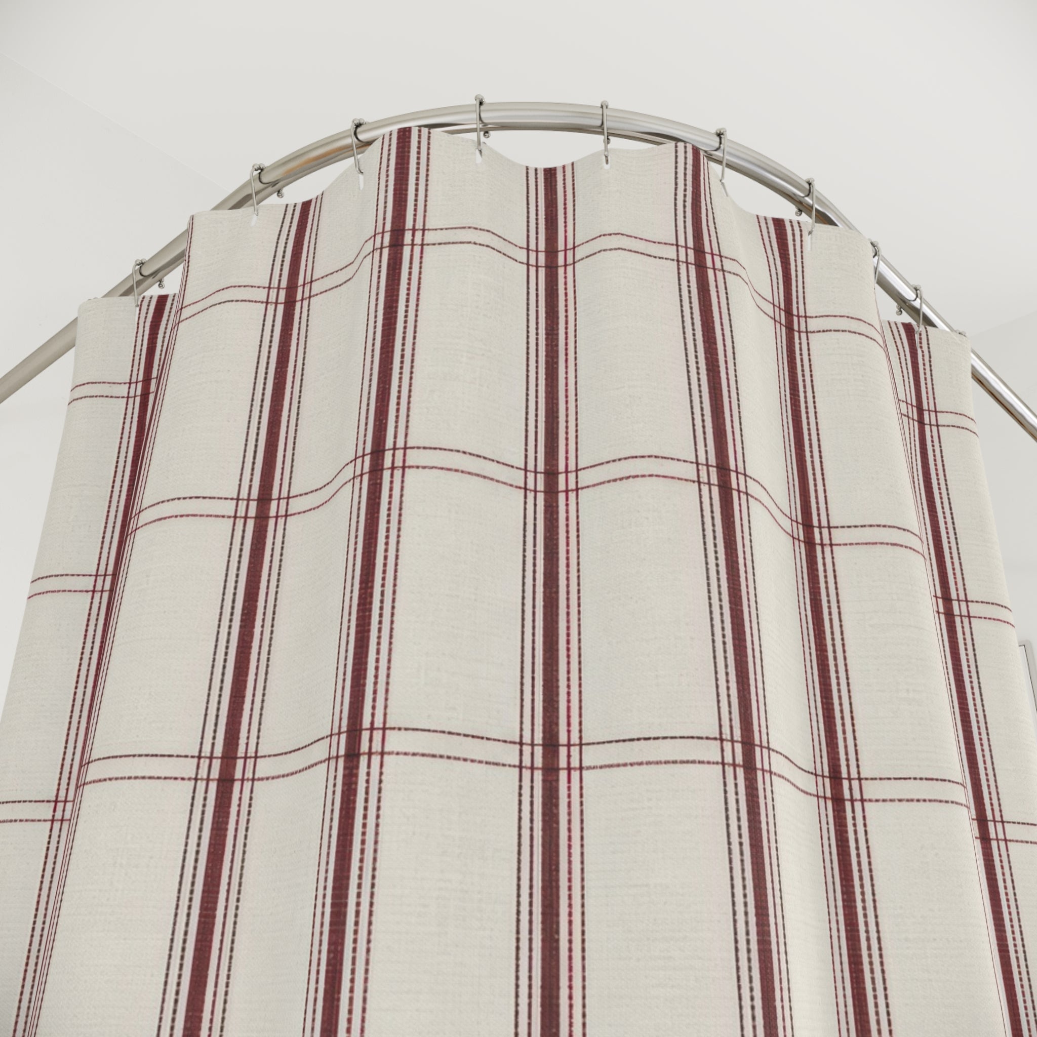 Burgundy Pinstripe Grid Shower Curtain, Burgundy Gray Classic Bathroom Decor, Plaid Pattern Bath Curtain, Guest Bath Decor, Home Decor