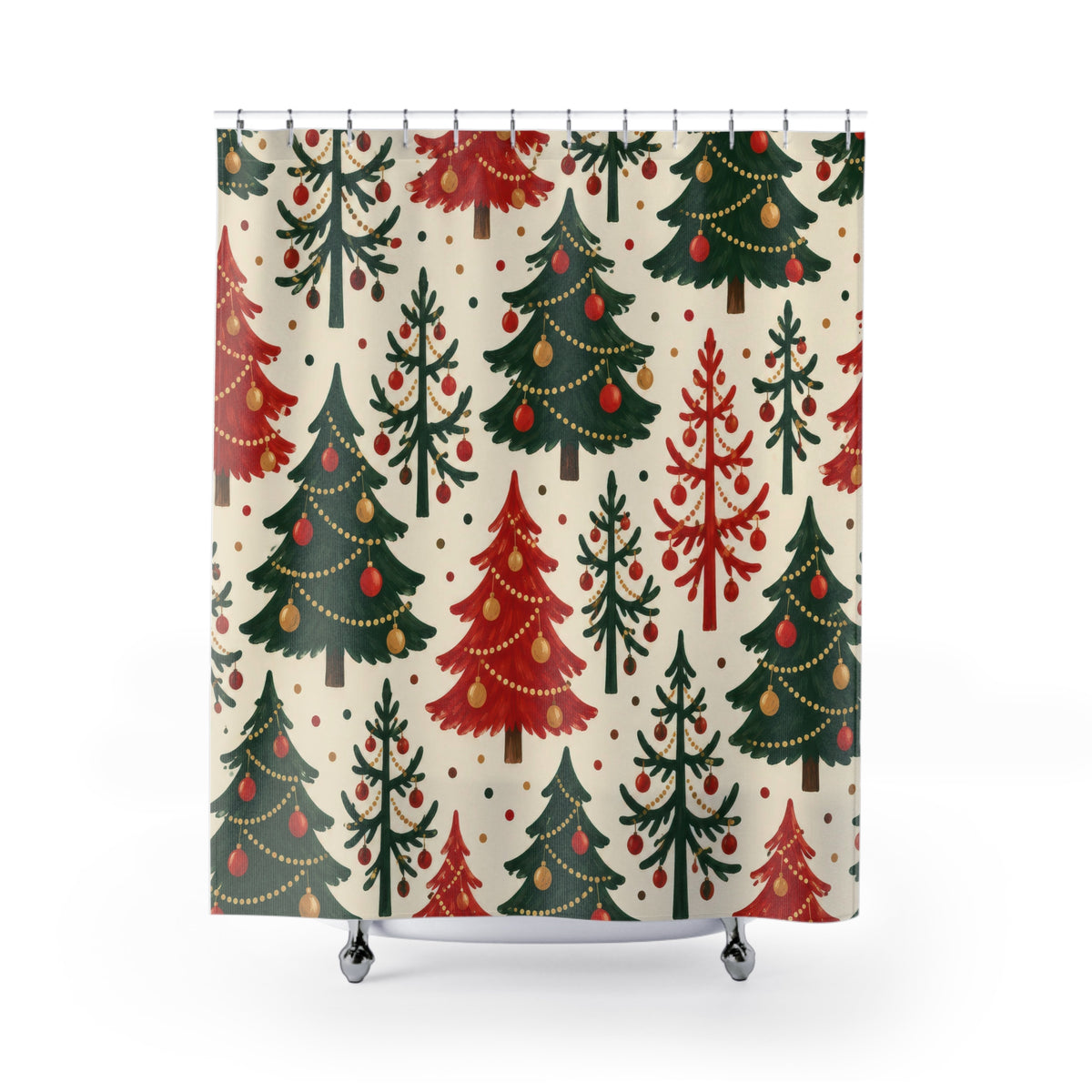 Red and green Christmas trees with gold garlands on ivory shower curtain with full front view